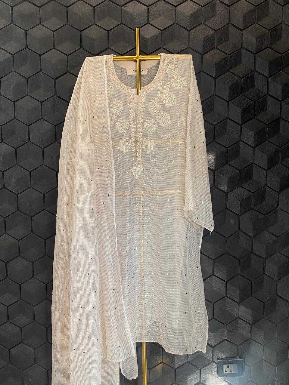 Natural Striped Tissue Chikankari Kurta Set