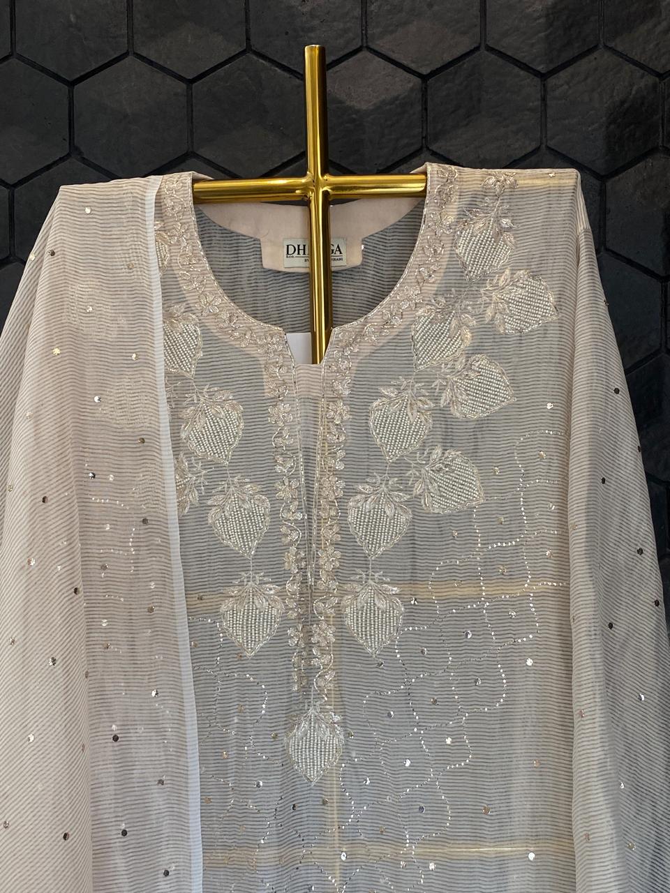 Natural Striped Tissue Chikankari Kurta Set