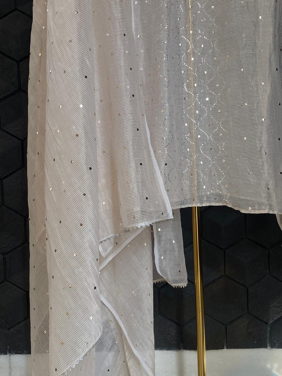 Natural Striped Tissue Chikankari Kurta Set