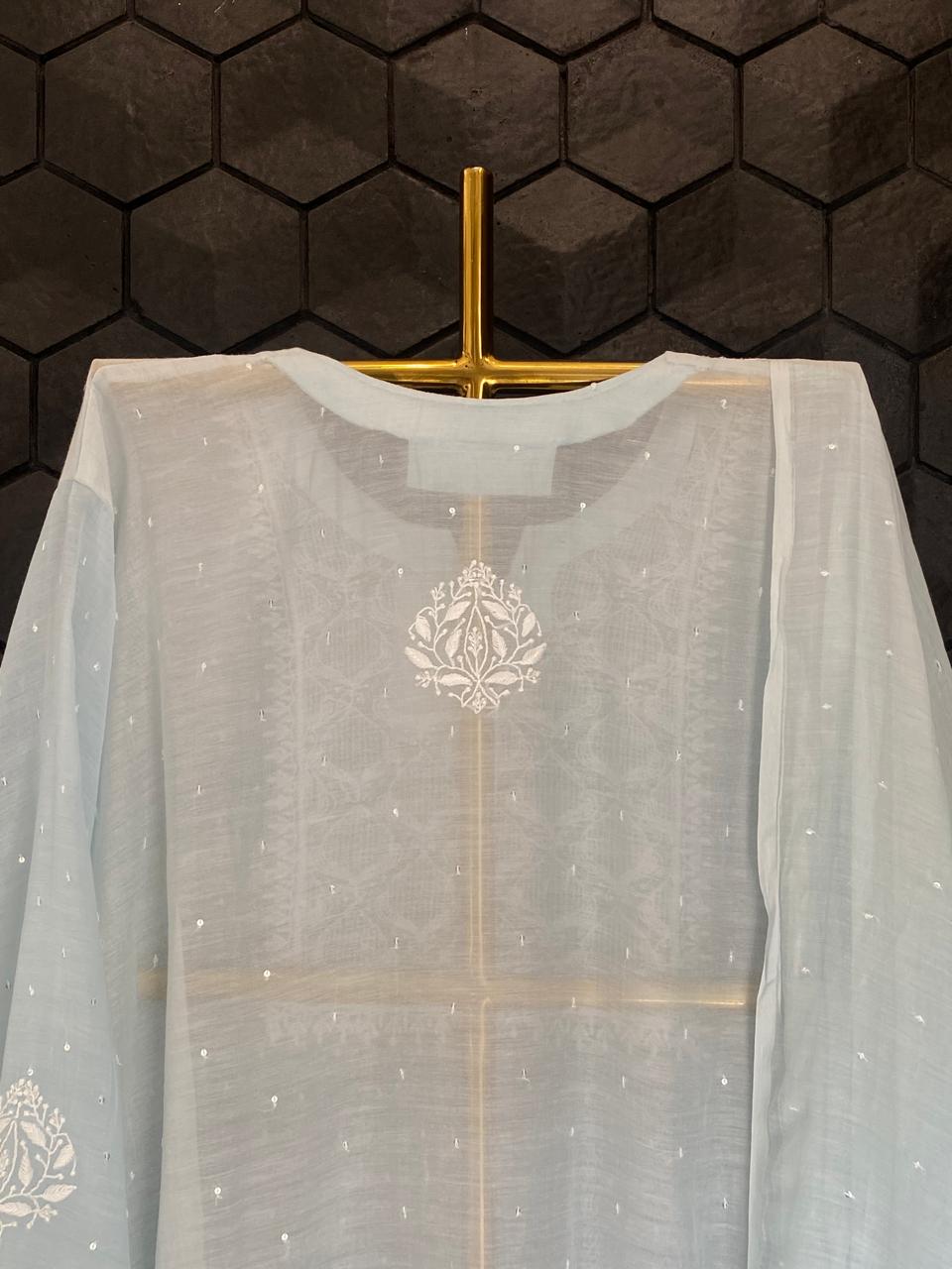 Powder Blue Mul Chanderi Chikankari Kurta Set