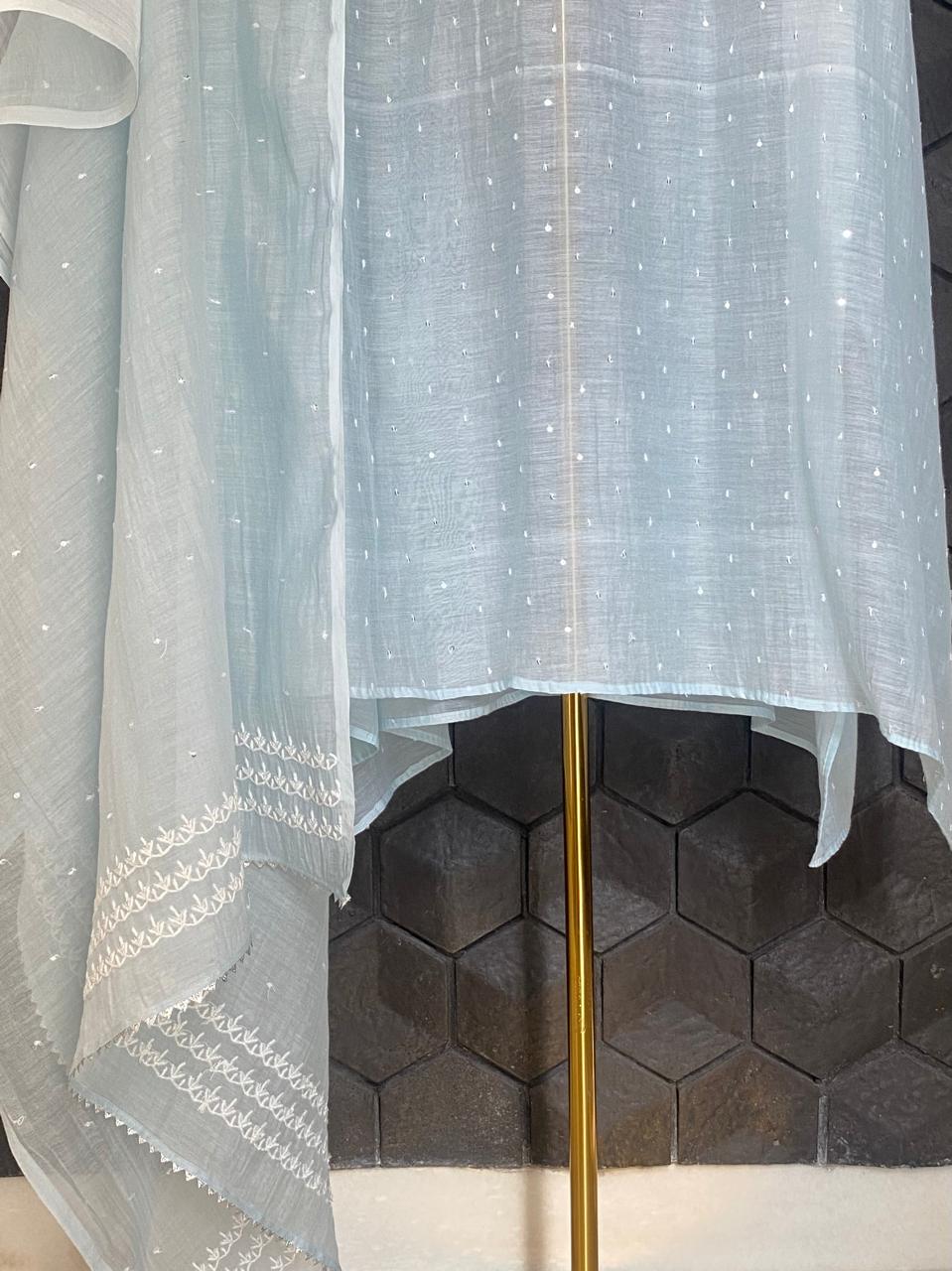 Powder Blue Mul Chanderi Chikankari Kurta Set