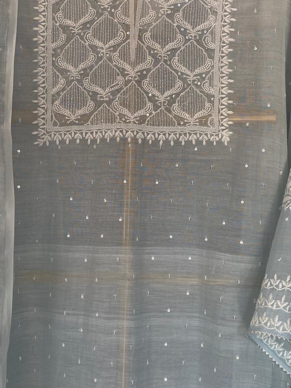 Powder Blue Mul Chanderi Chikankari Kurta Set