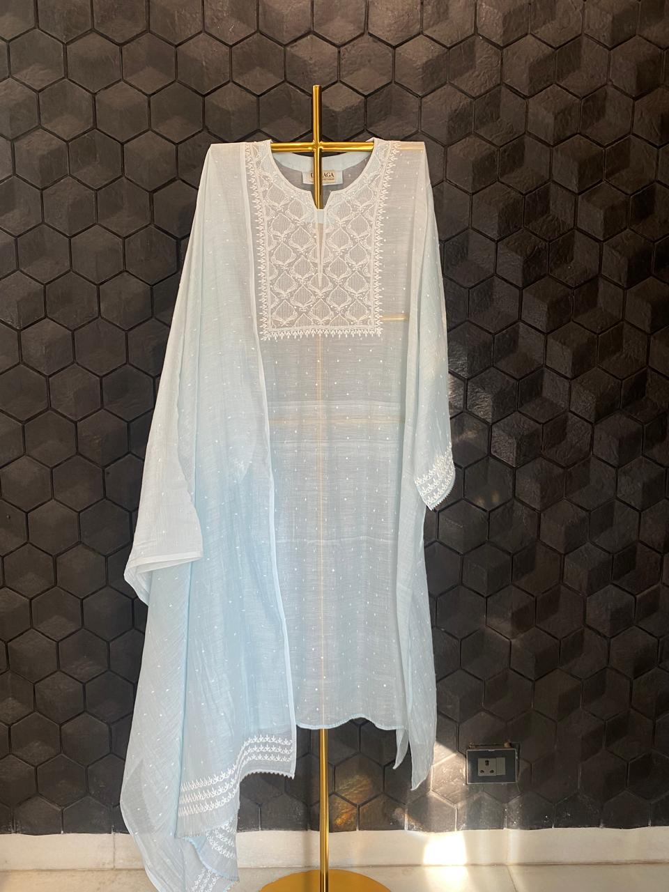 Powder Blue Mul Chanderi Chikankari Kurta Set