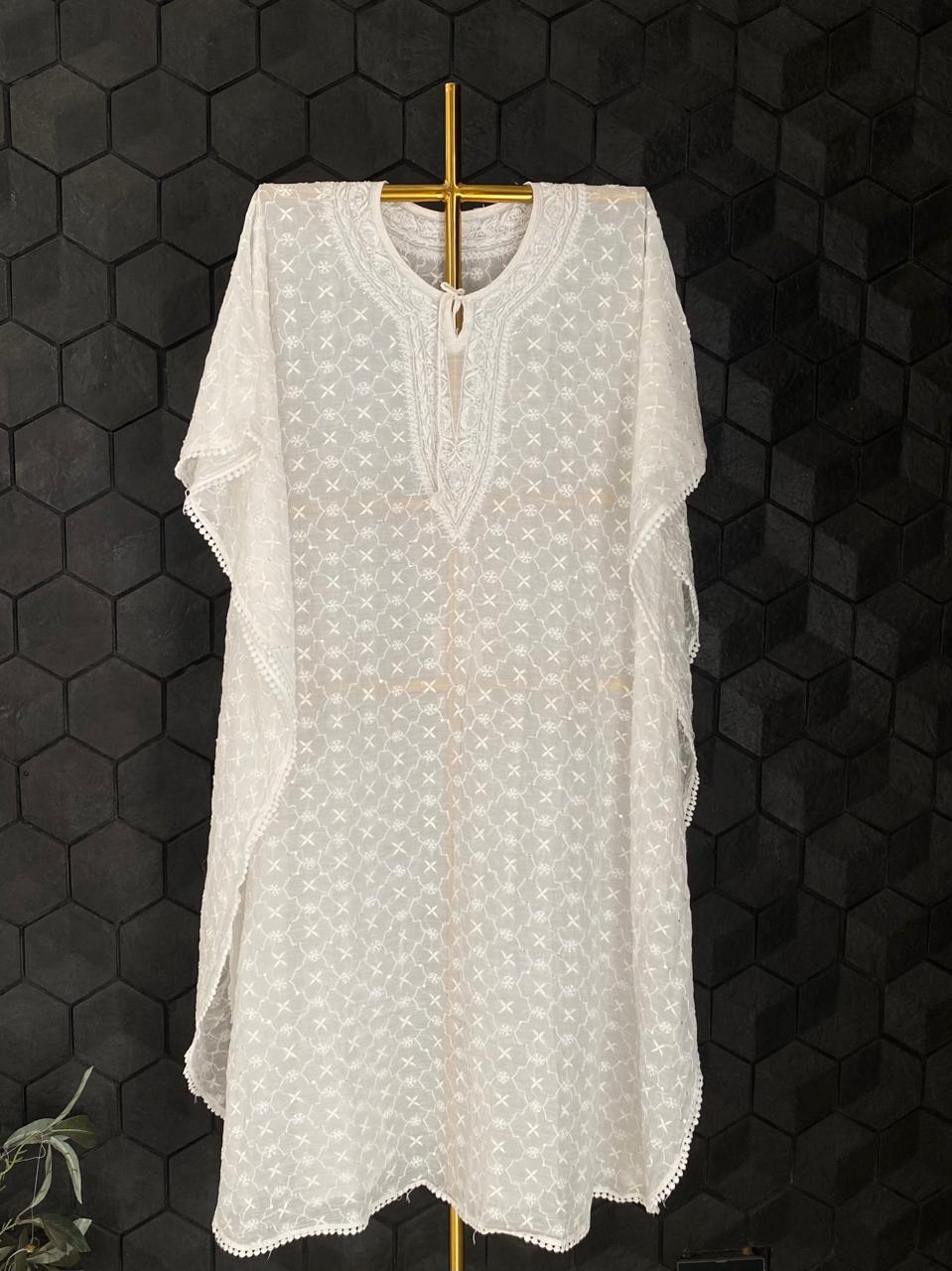 White Mul Chanderi Chikankari Kaftan