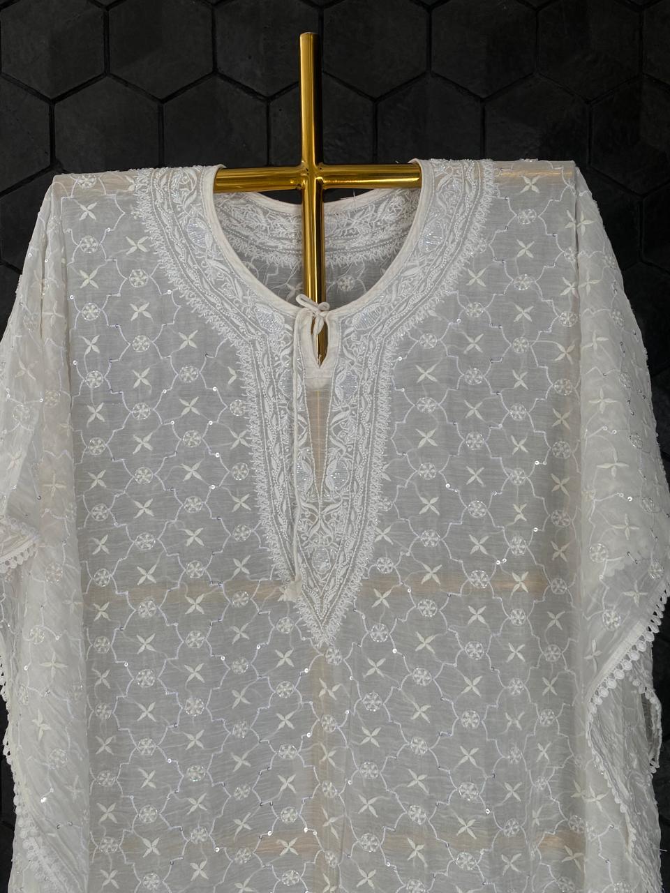 White Mul Chanderi Chikankari Kaftan
