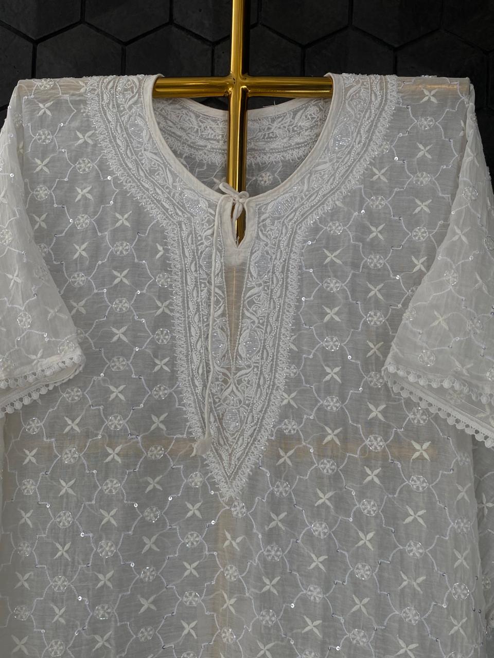 White Mul Chanderi Chikankari Kaftan