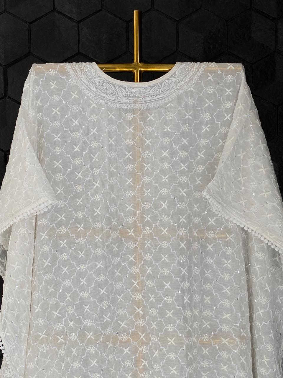 White Mul Chanderi Chikankari Kaftan