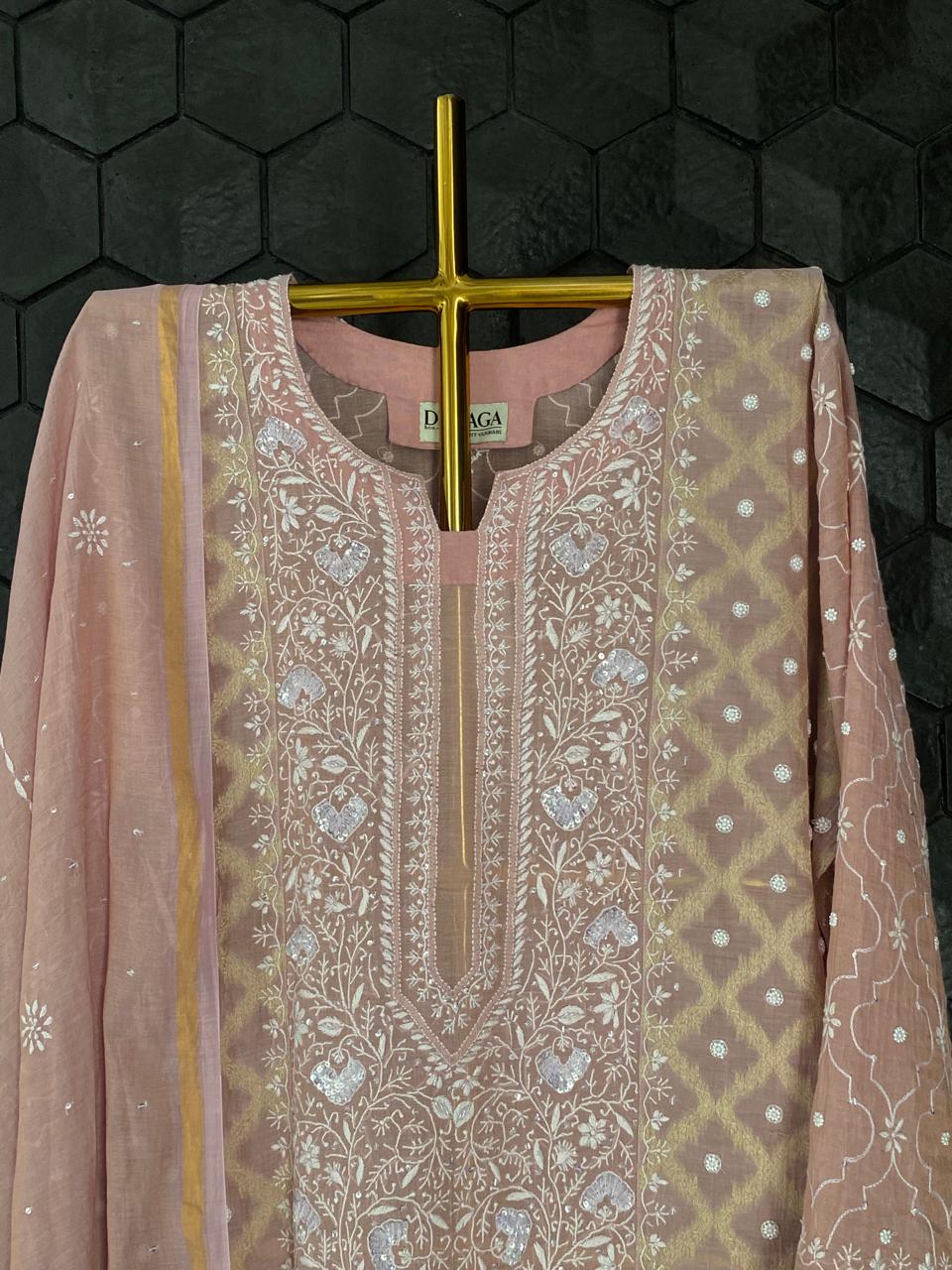 Pink Golden Tissue Chikankari Kurta Set