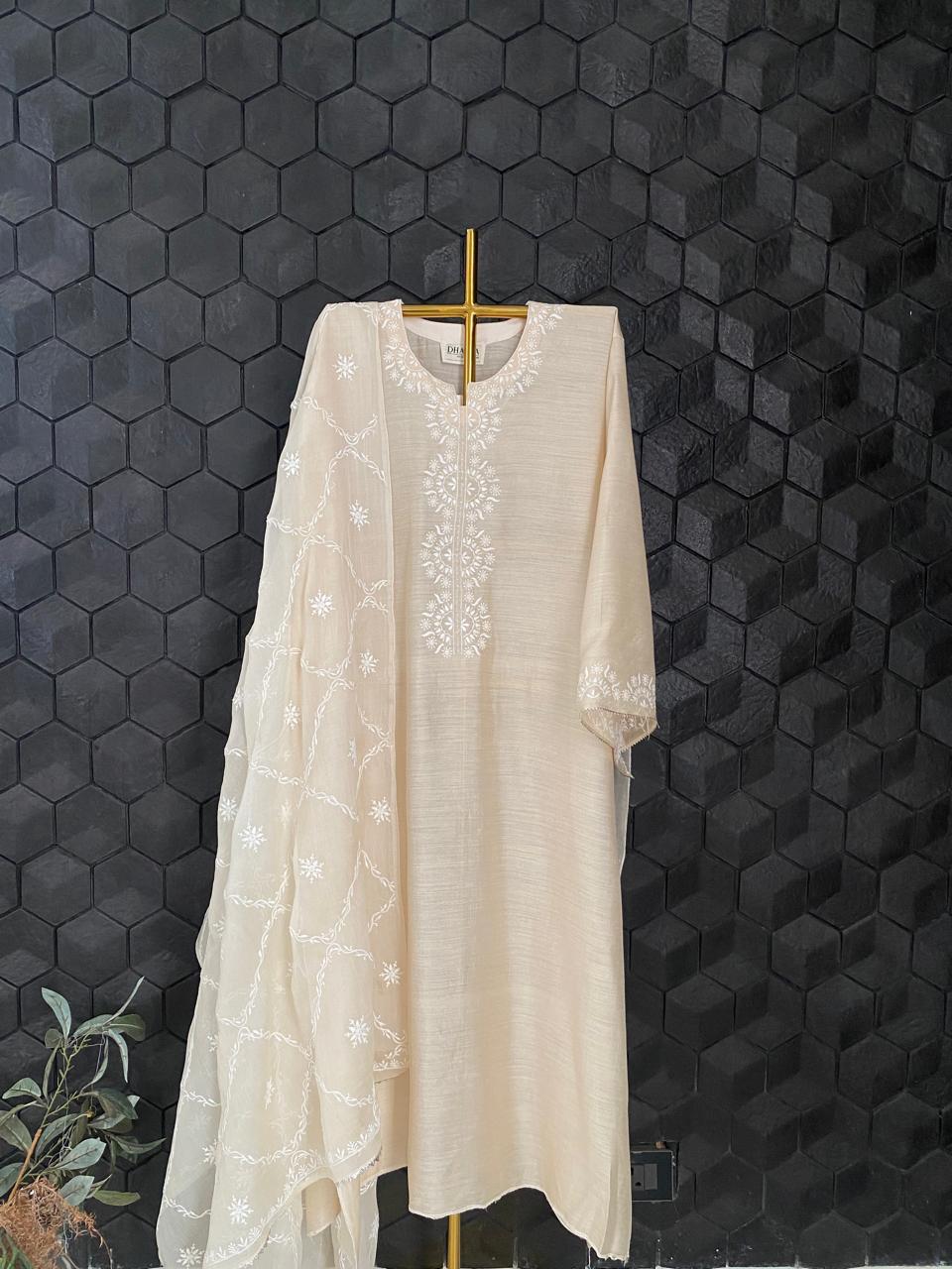 Beige Munga Silk Chikankari kurta Set