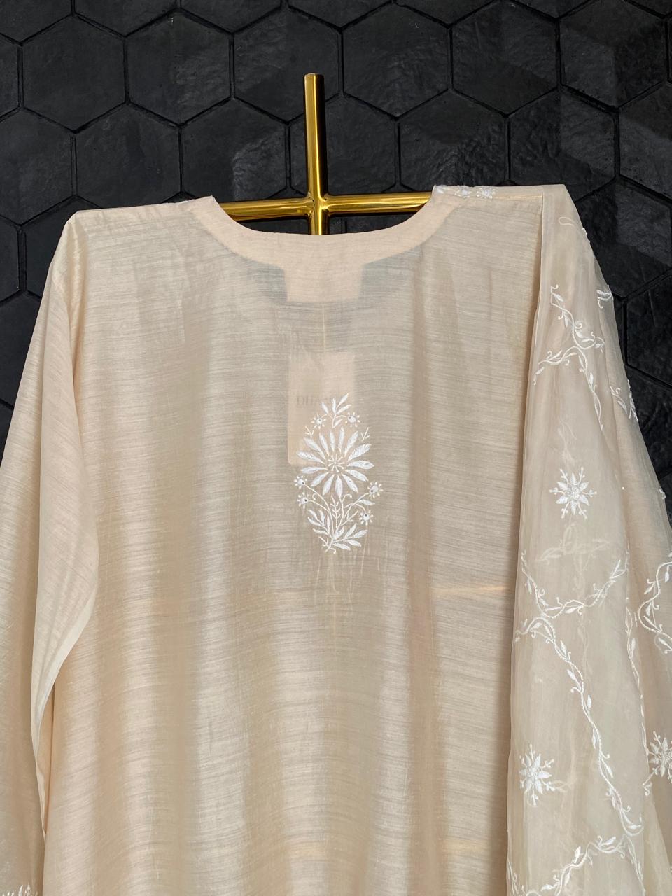 Beige Munga Silk Chikankari kurta Set