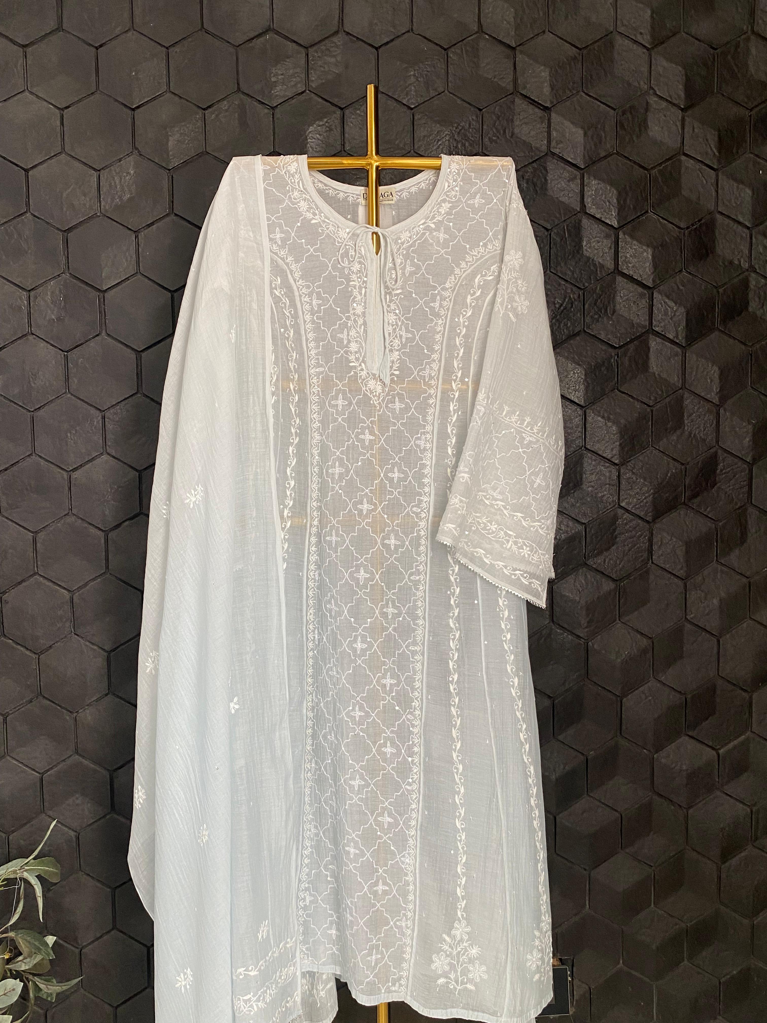 Sky Blue Mul Chanderi Chikankari Anarkali Set