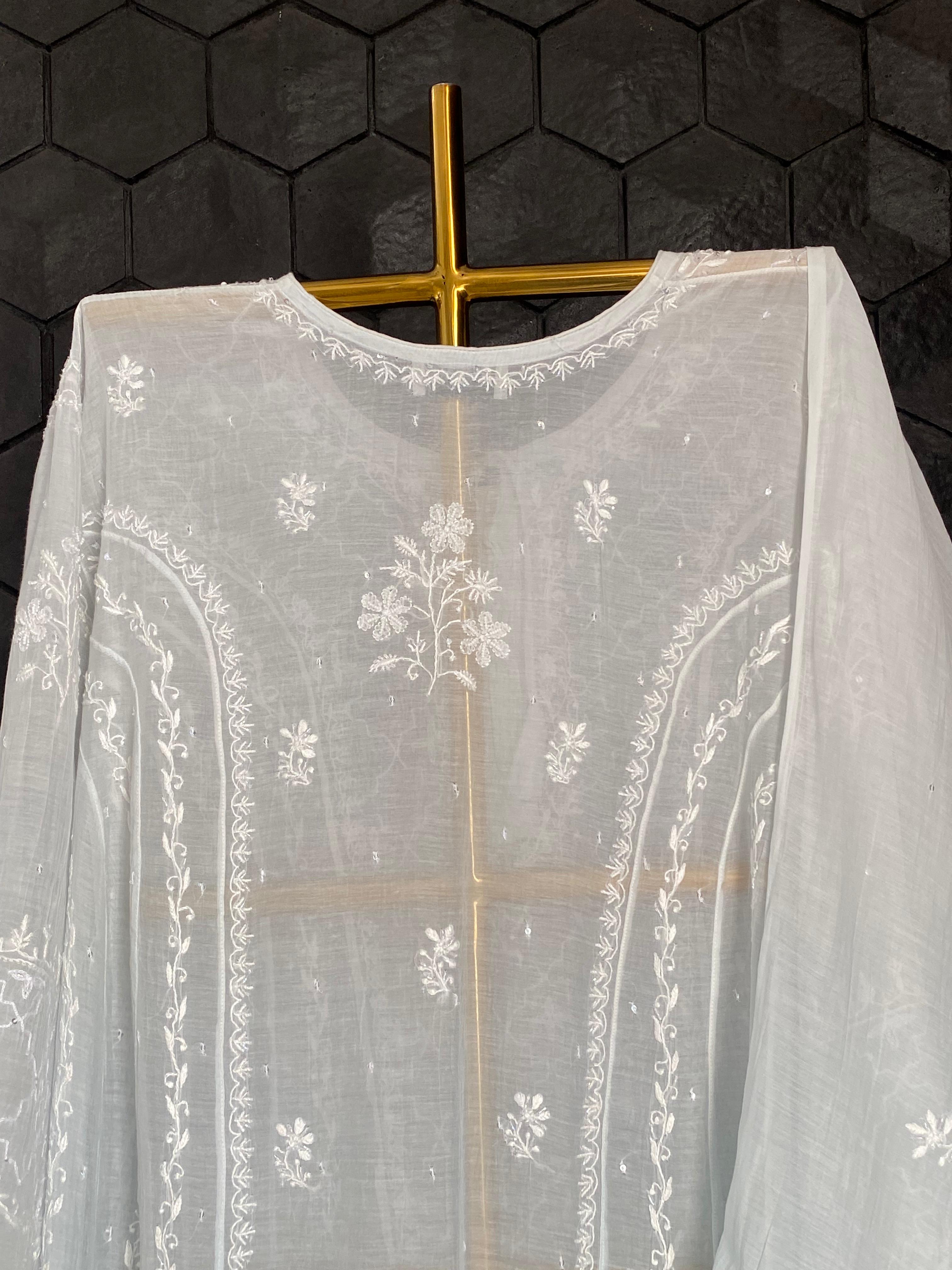Sky Blue Mul Chanderi Chikankari Anarkali Set