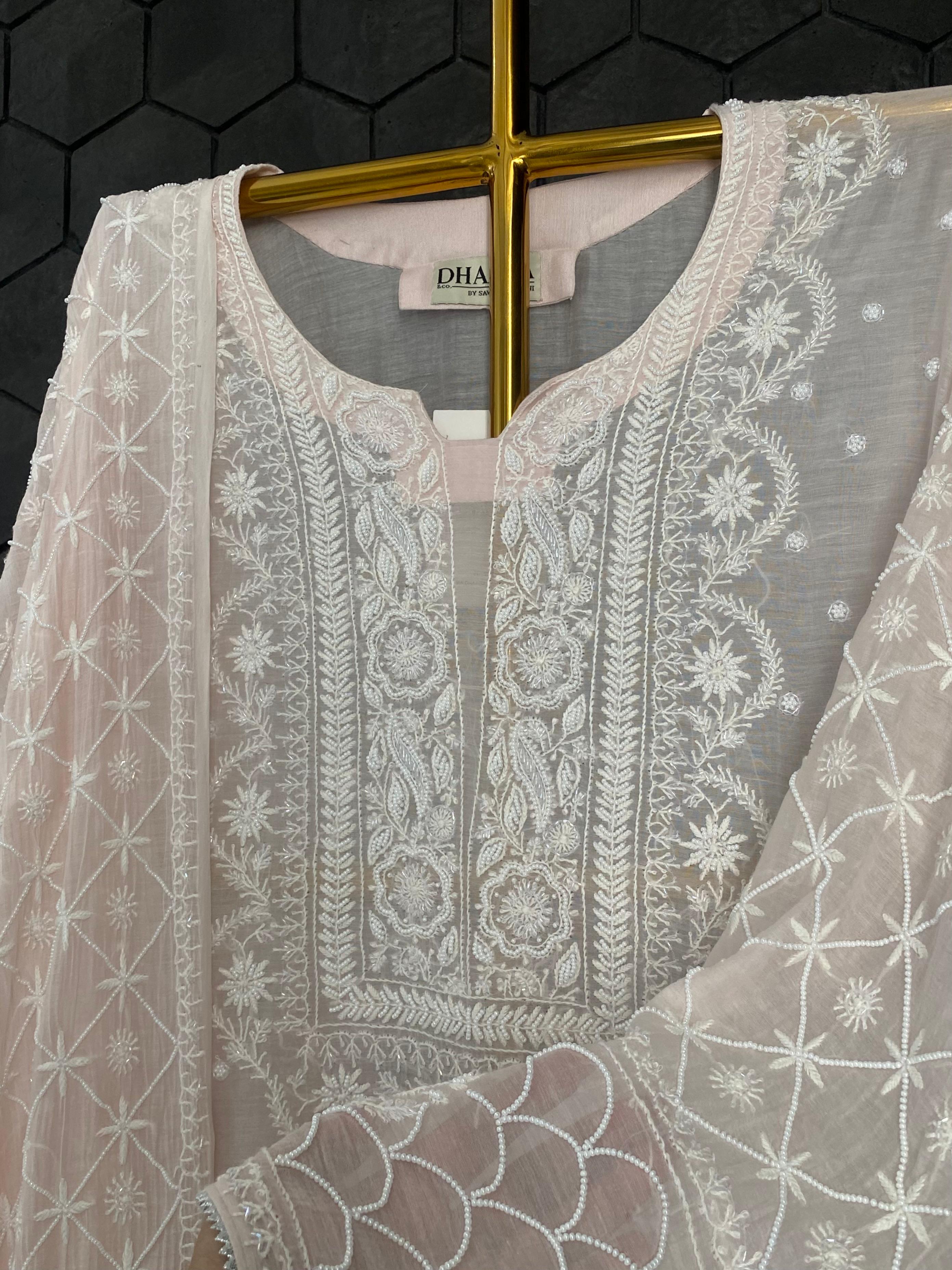 Pink Mul Chanderi Chikankari Kurta Set