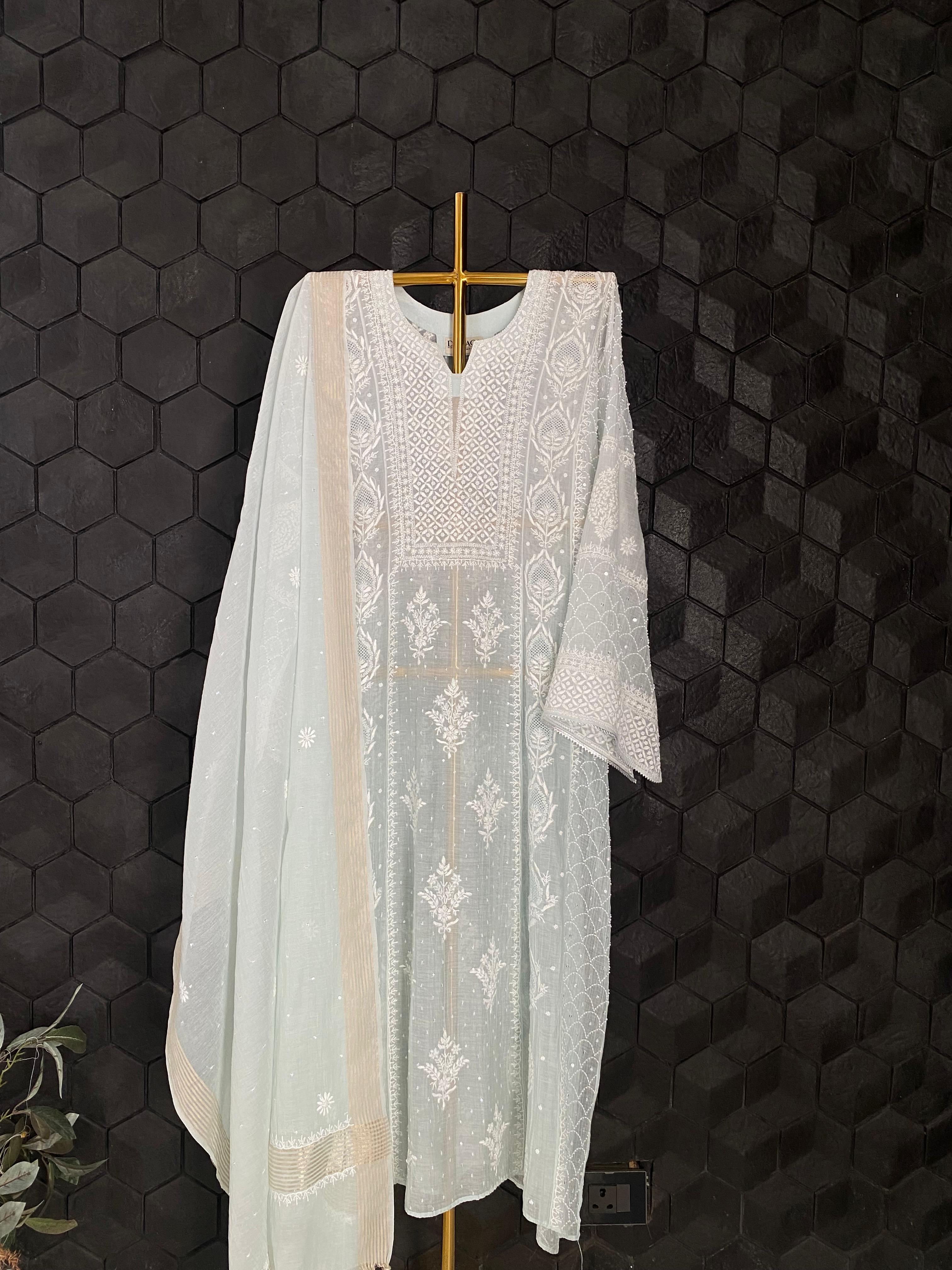 Sea Green Mul Chanderi Chikankari Anarkali Set