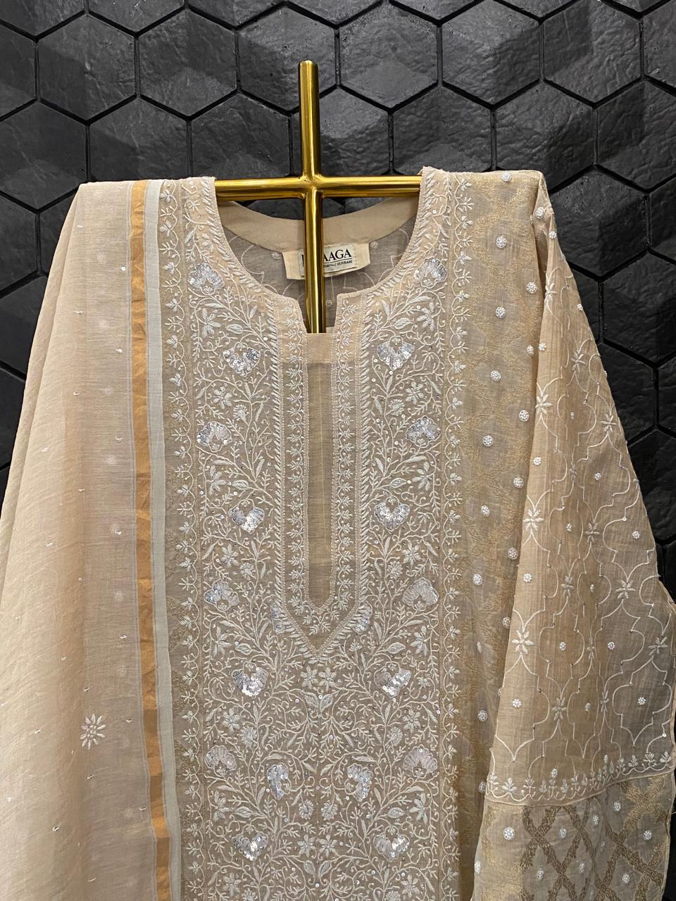 Beige Golden Tissue Chikankari Kurta Set