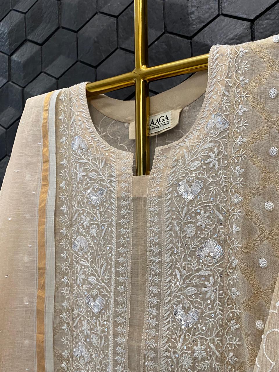 Beige Golden Tissue Chikankari Kurta Set