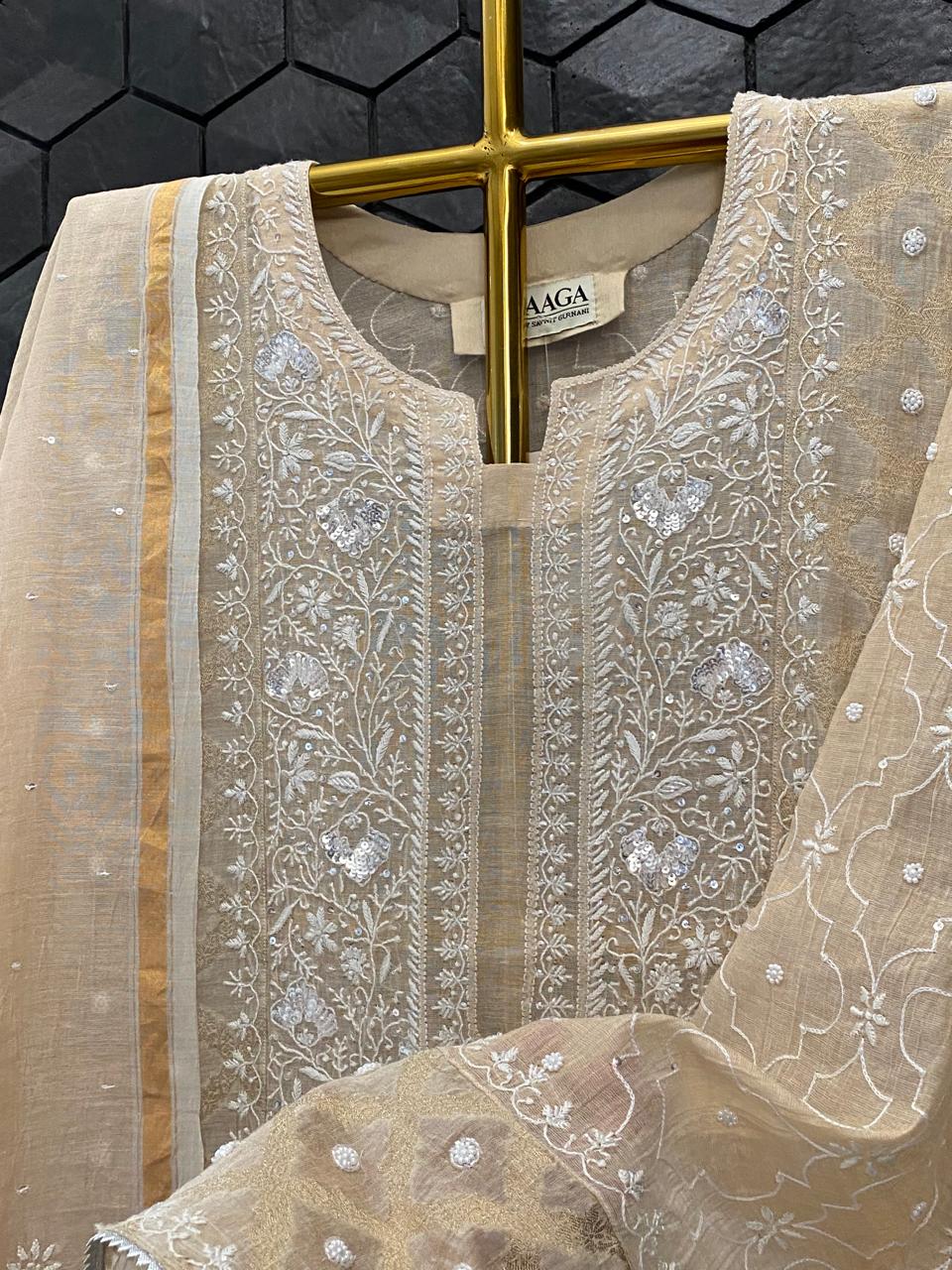 Beige Golden Tissue Chikankari Kurta Set