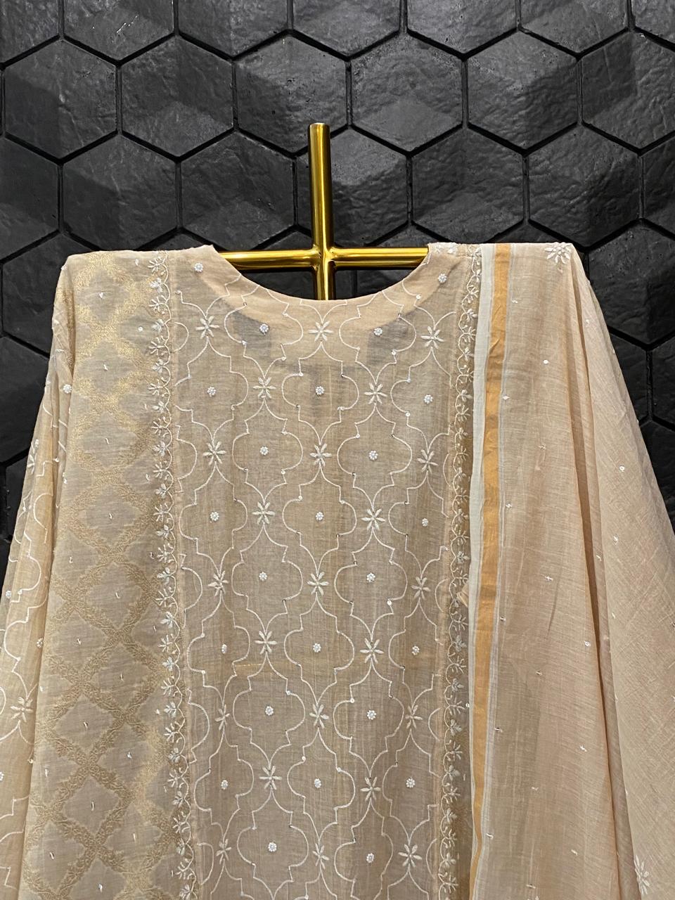 Beige Golden Tissue Chikankari Kurta Set