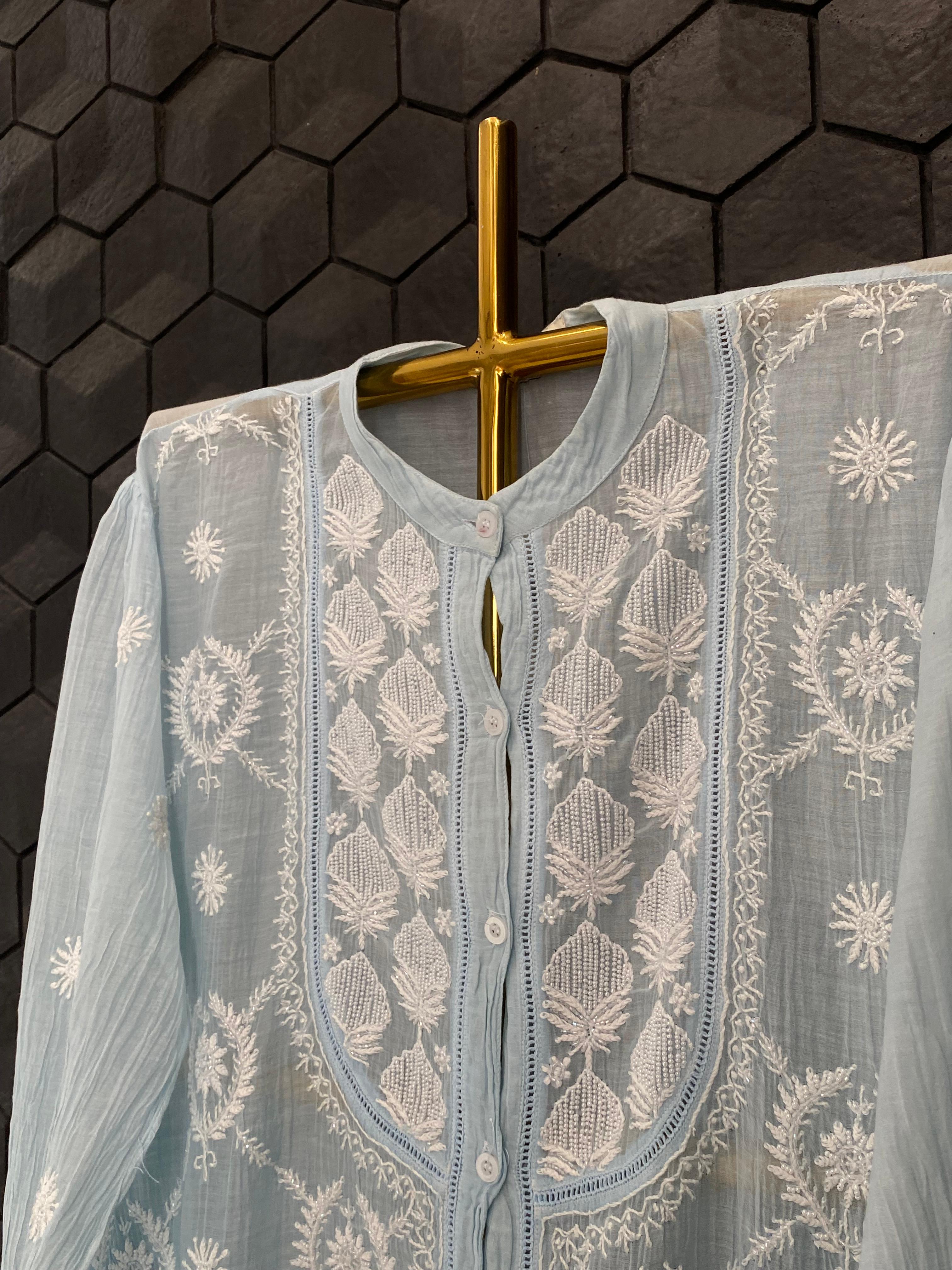Sky Blue Mul Chanderi Chikankari Co-ord Set
