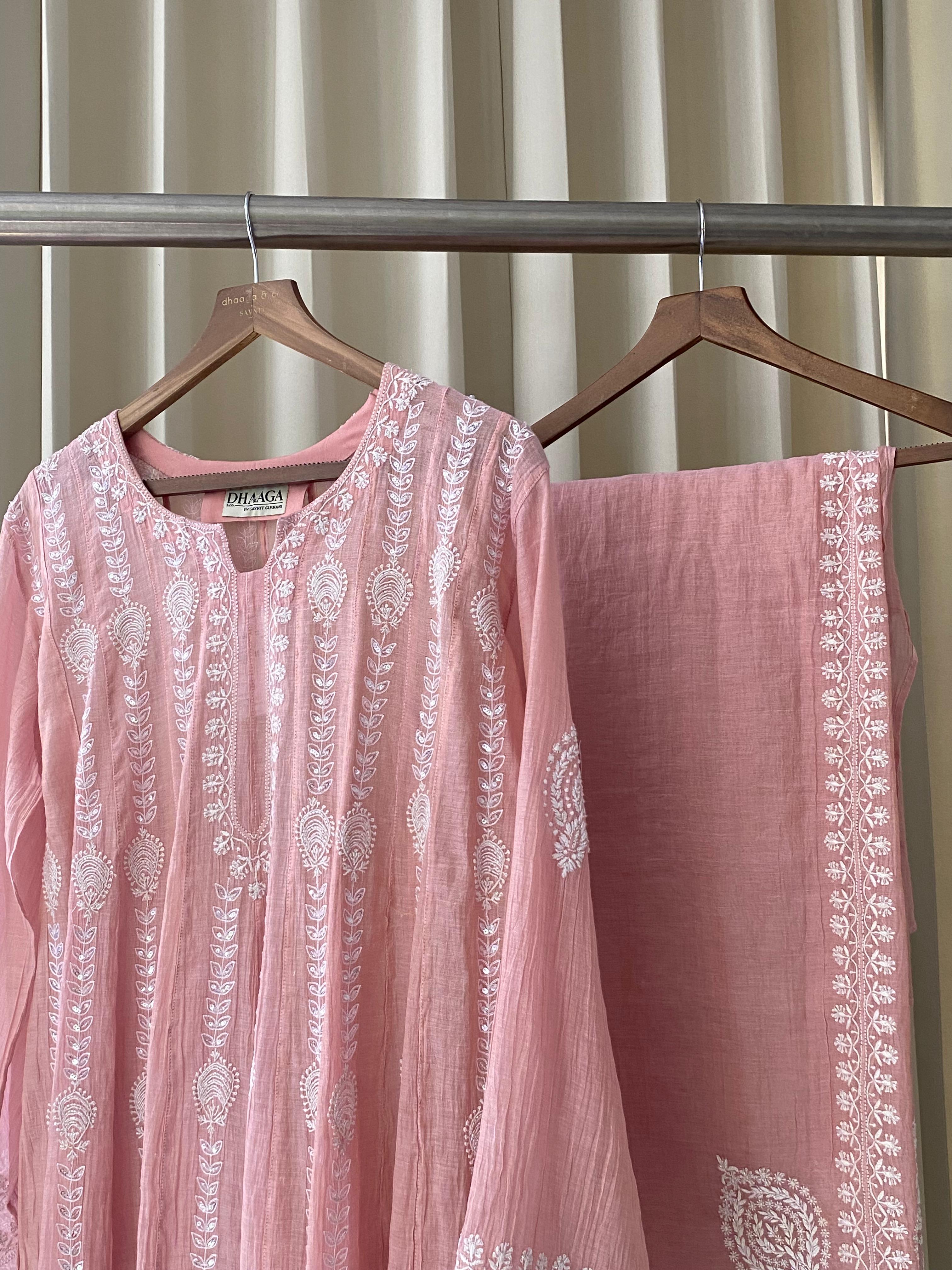 Pink Tissue Chikankari Kalidar Co-ord Set