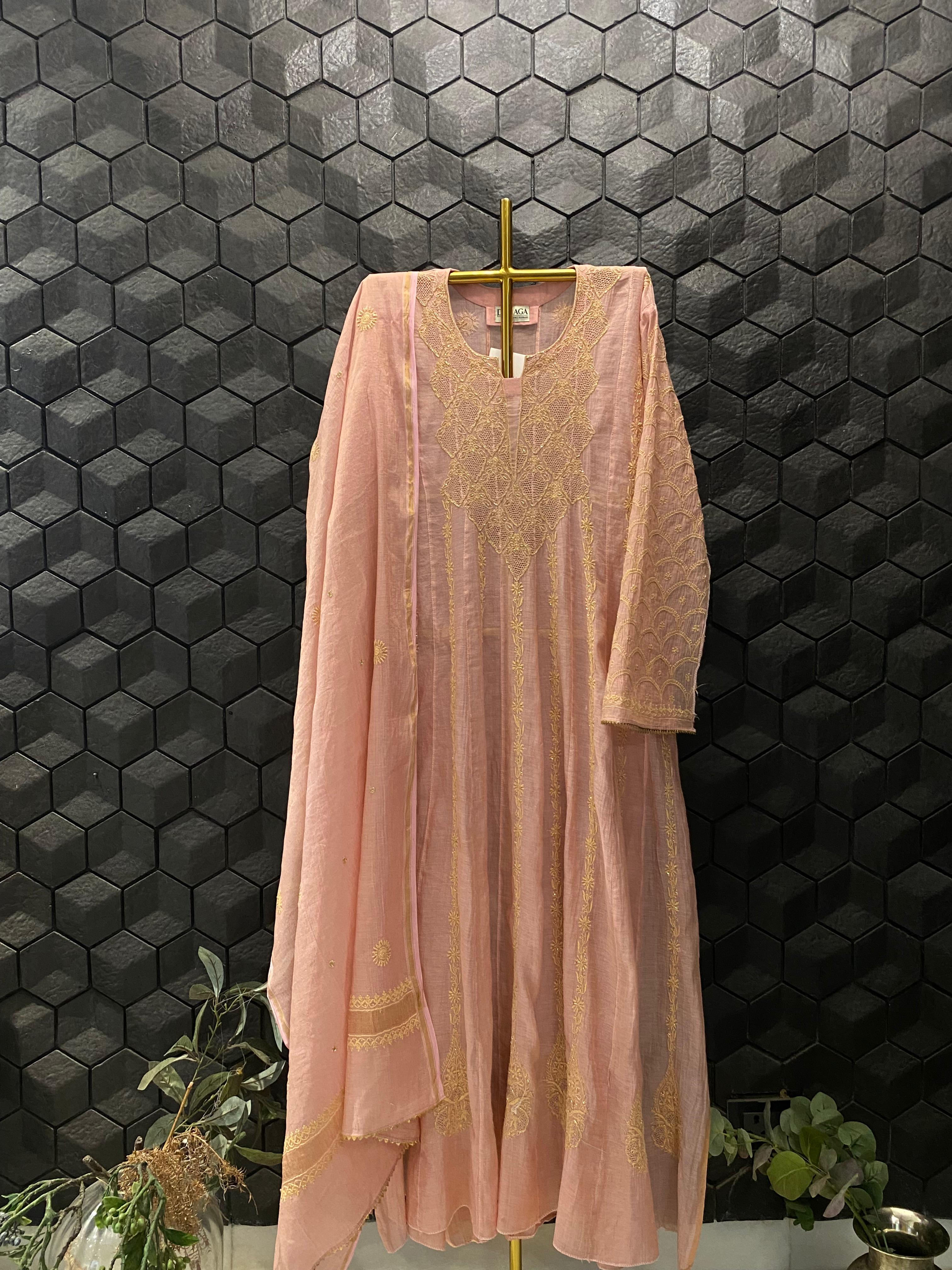 Pink Tissue Chikankari Anarkali Set