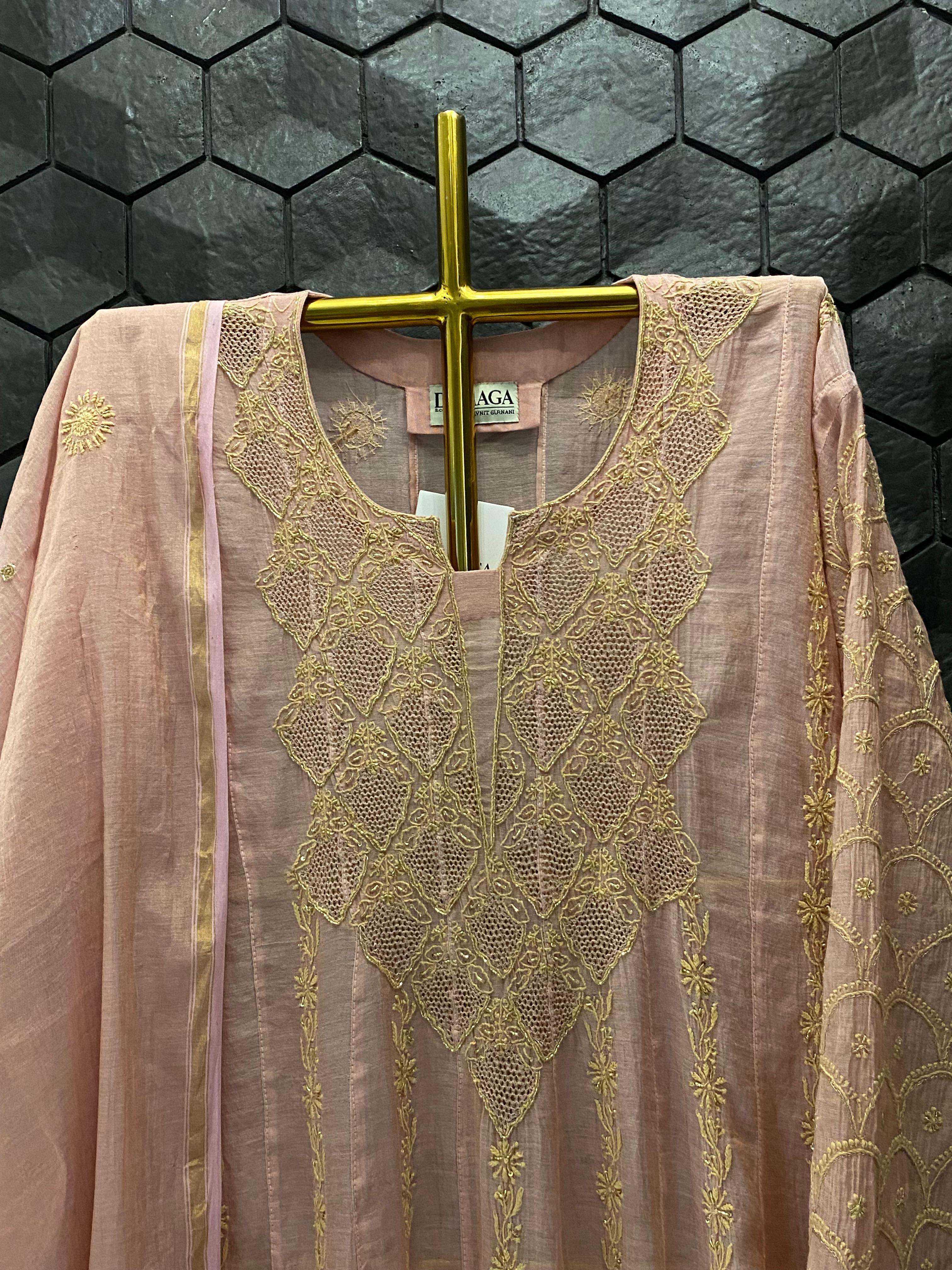 Pink Tissue Chikankari Anarkali Set