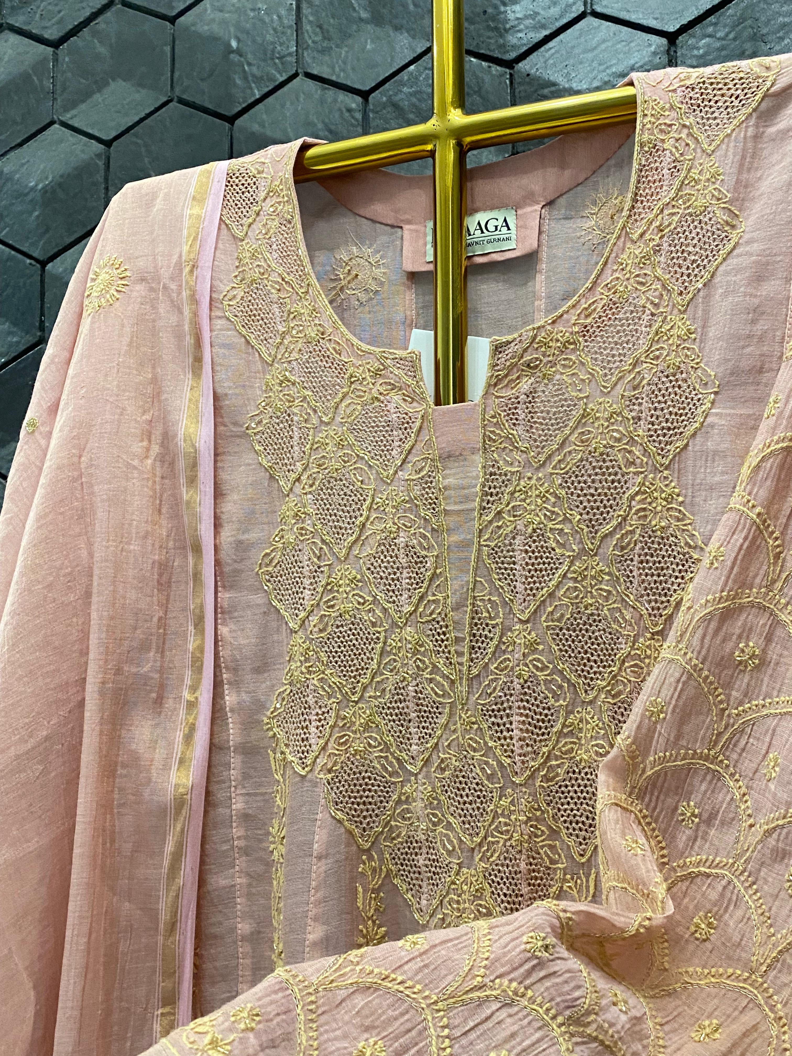 Pink Tissue Chikankari Anarkali Set
