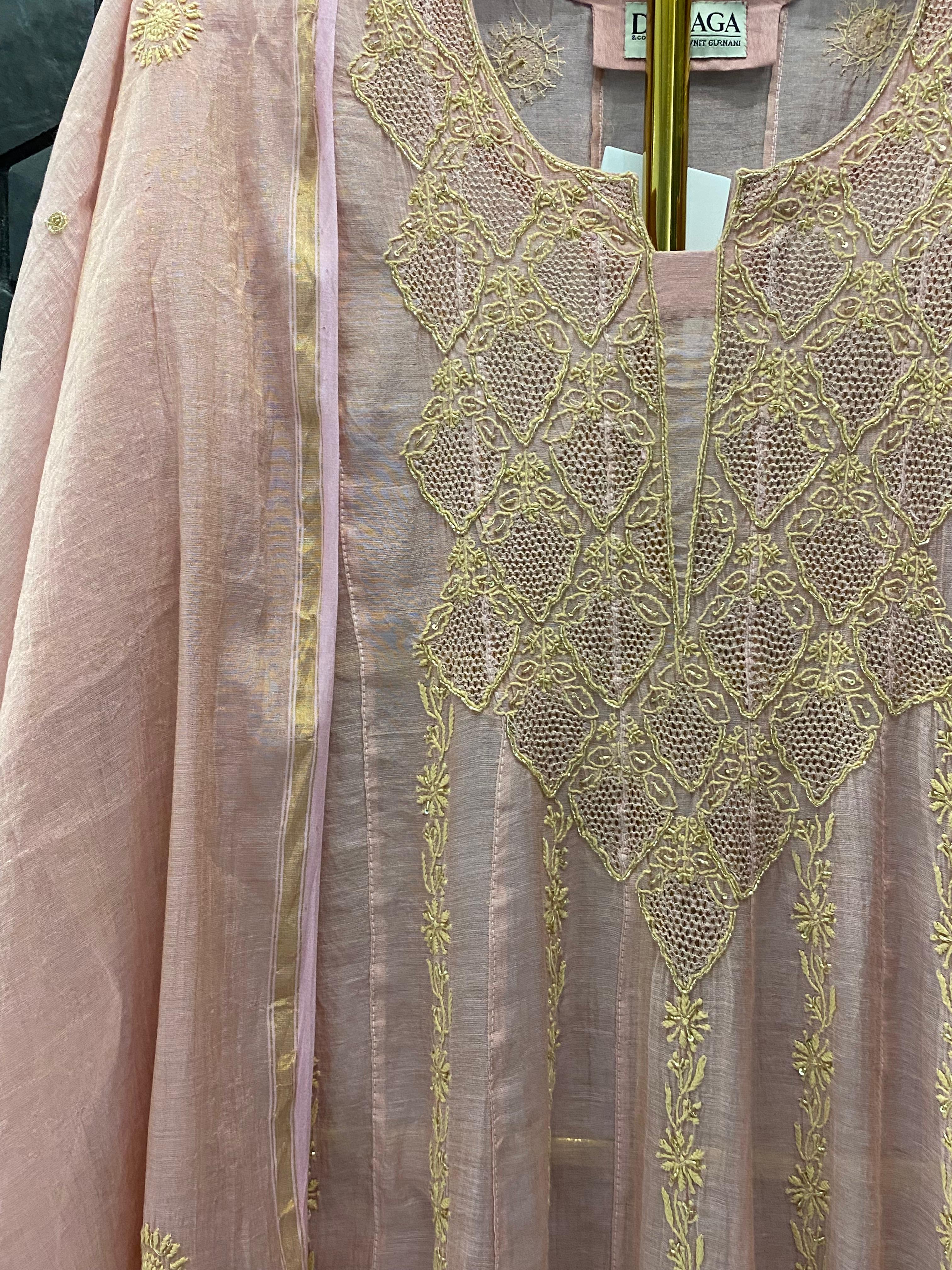 Pink Tissue Chikankari Anarkali Set