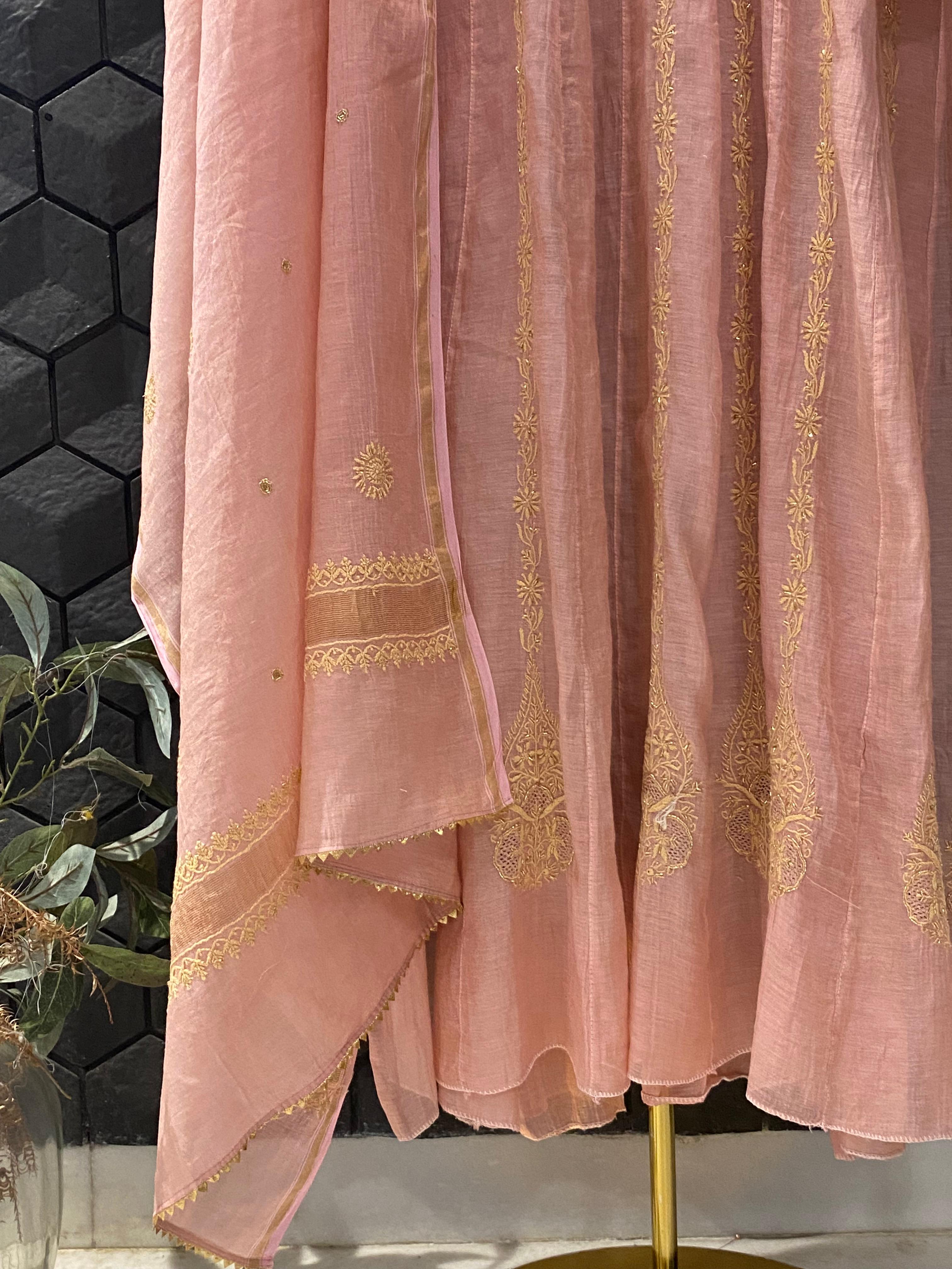 Pink Tissue Chikankari Anarkali Set