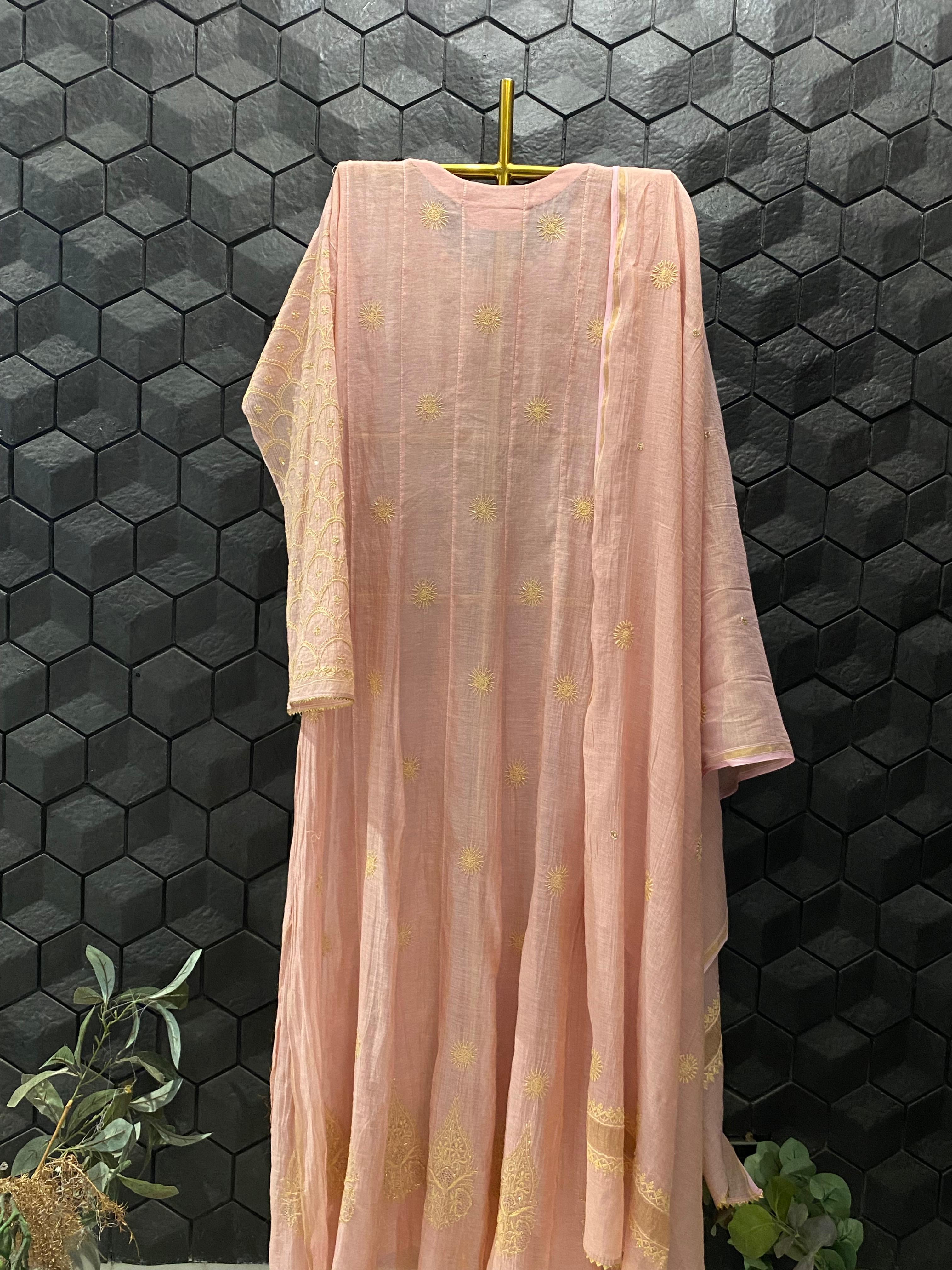 Pink Tissue Chikankari Anarkali Set