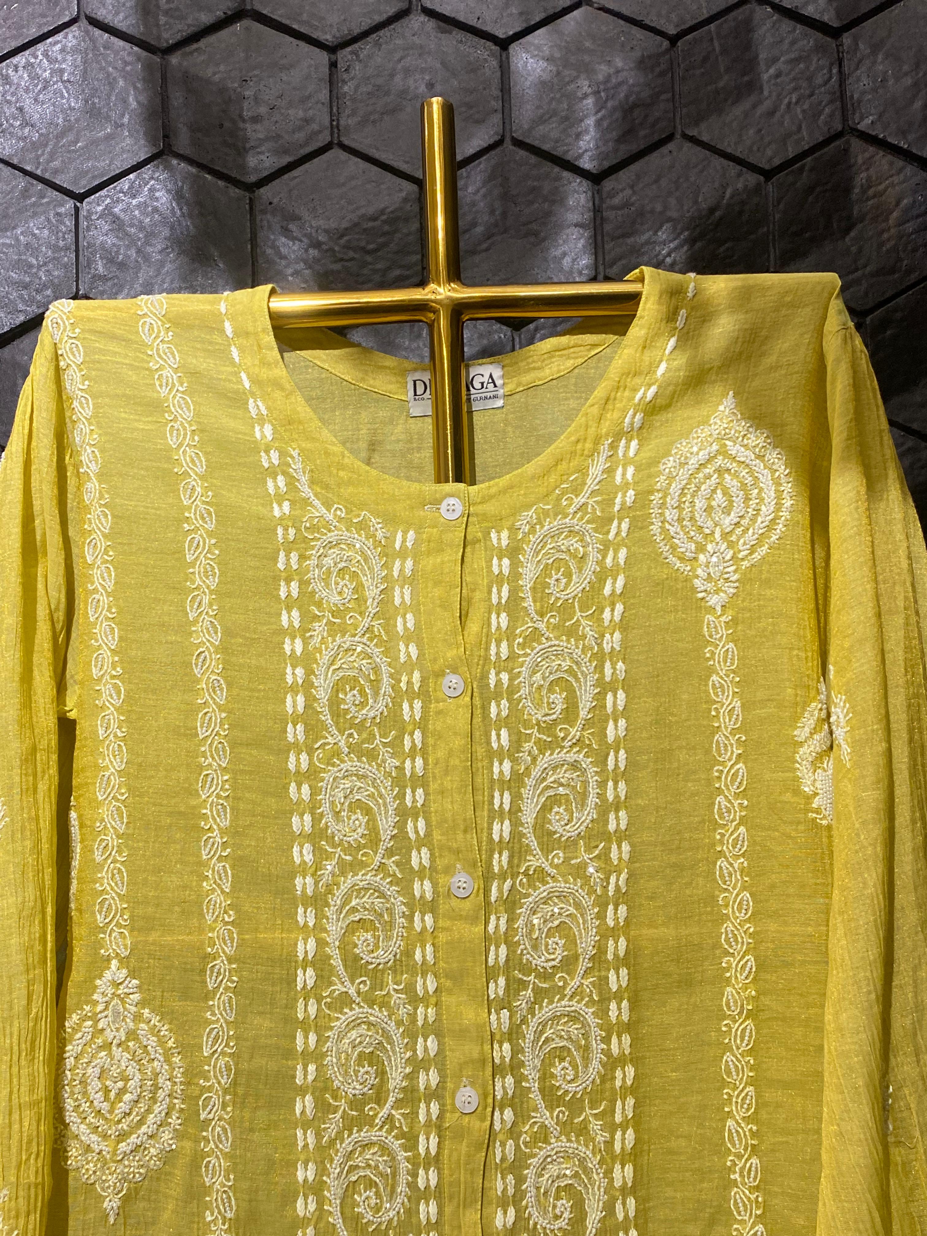 Lime Green Golden Tissue Chikankari Co-ord Set