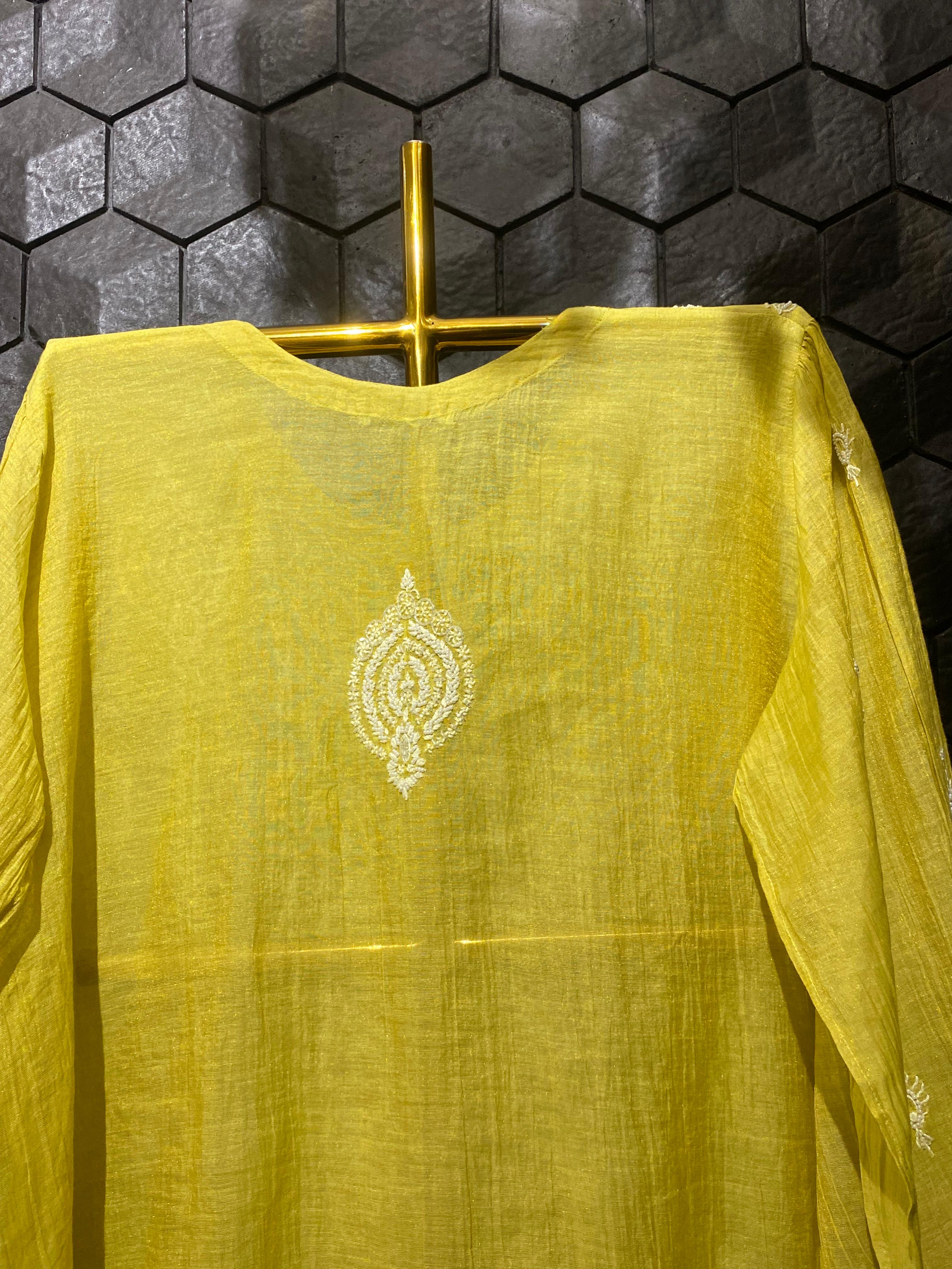 Lime Green Golden Tissue Chikankari Co-ord Set