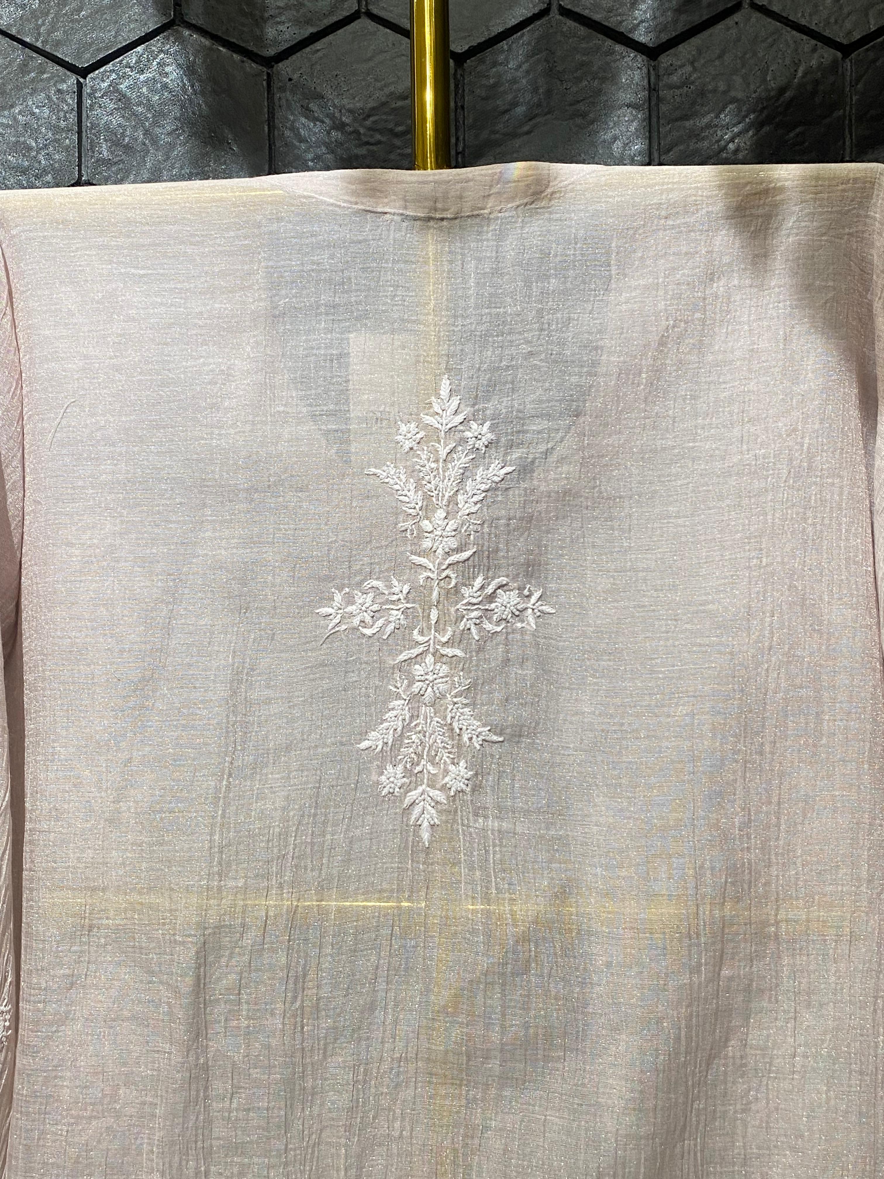 Pink Silver Tissue Chikankari Co-ord Set