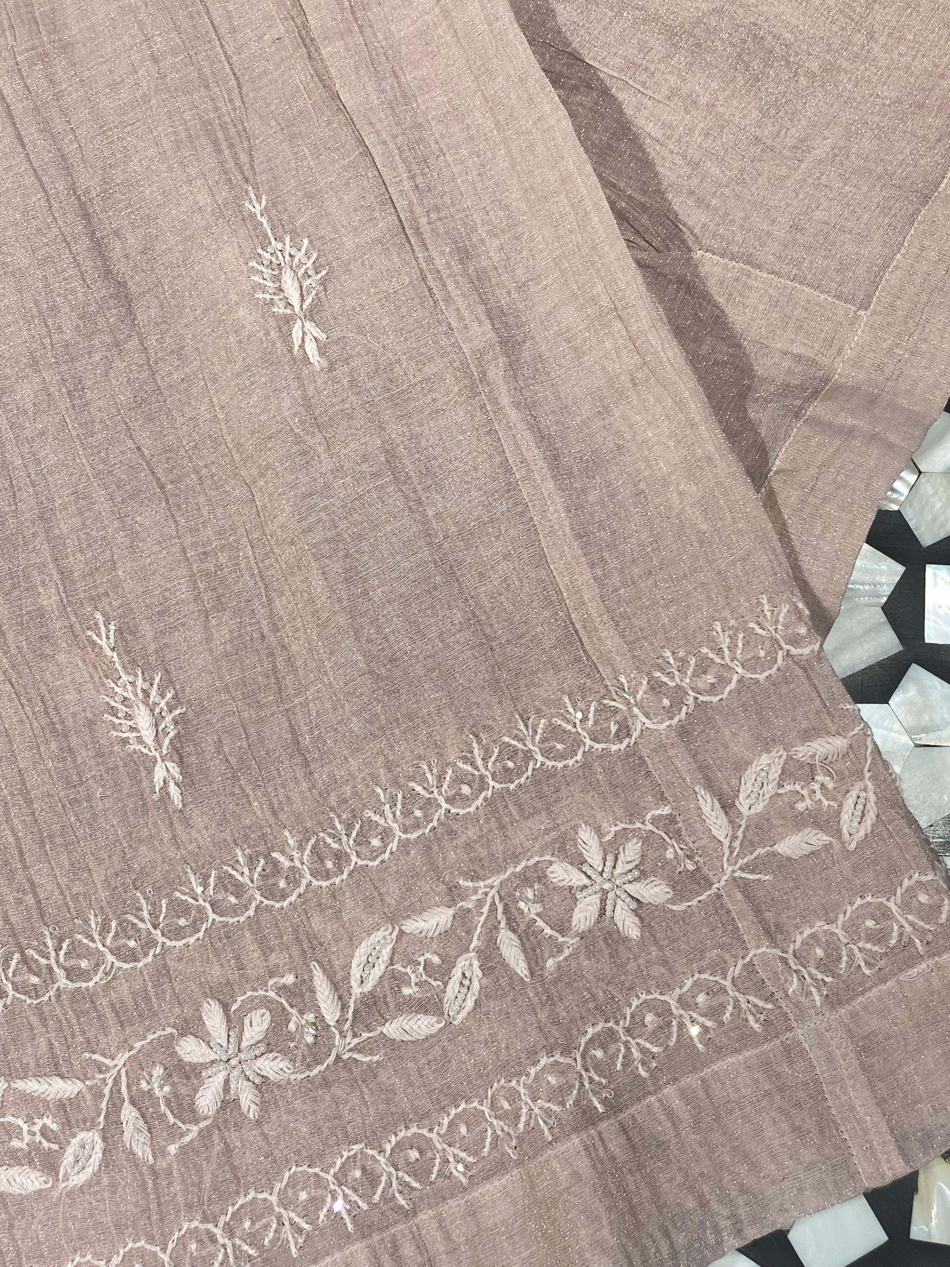 Pink Silver Tissue Chikankari Co-ord Set