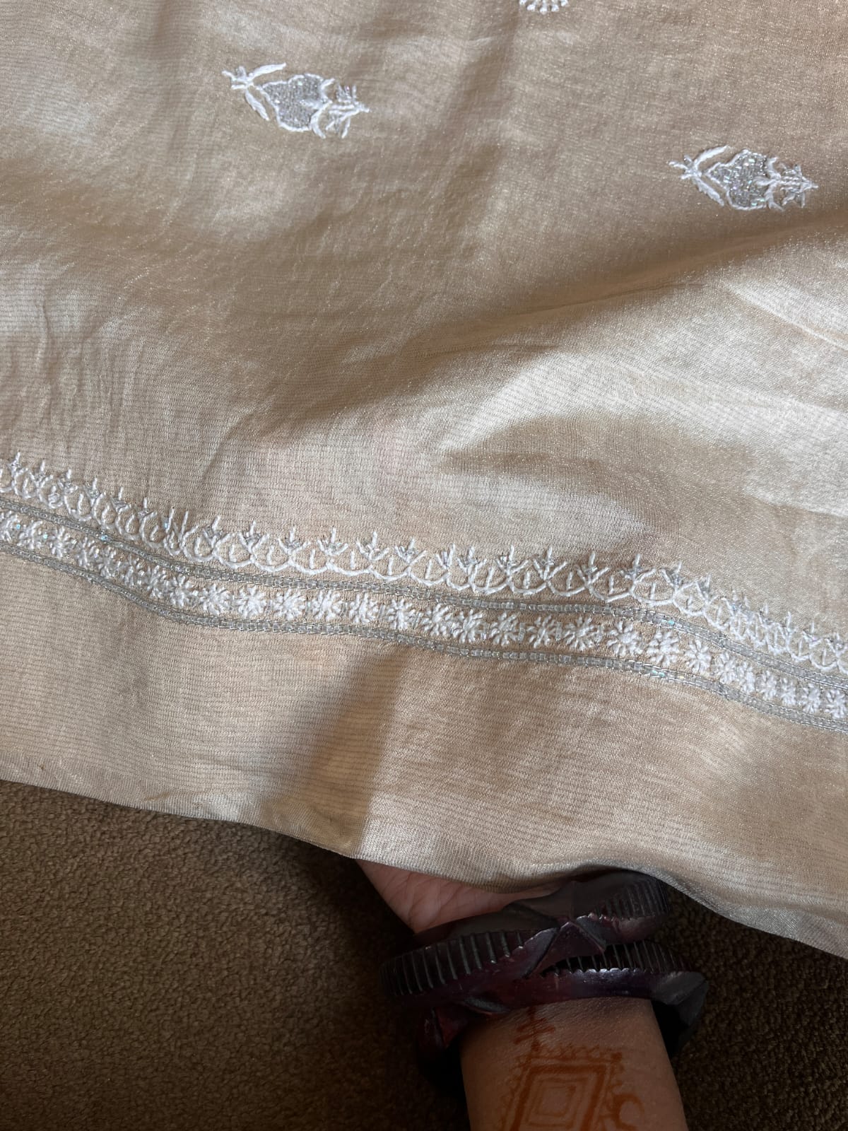 Peach Silver Tissue Chikankari Mens Kurta