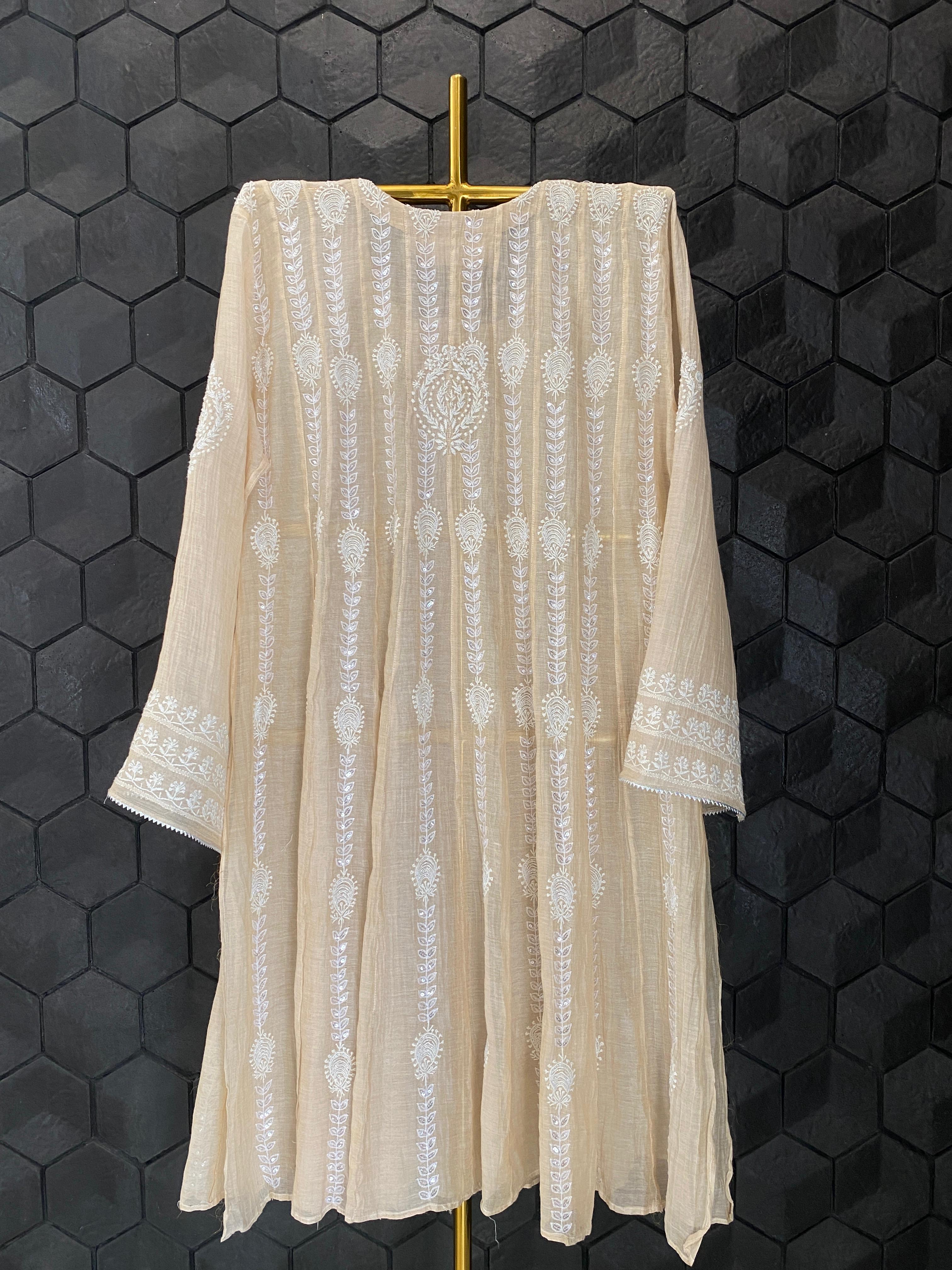 Beige Tissue Chikankari Kalidar Co-ord Set