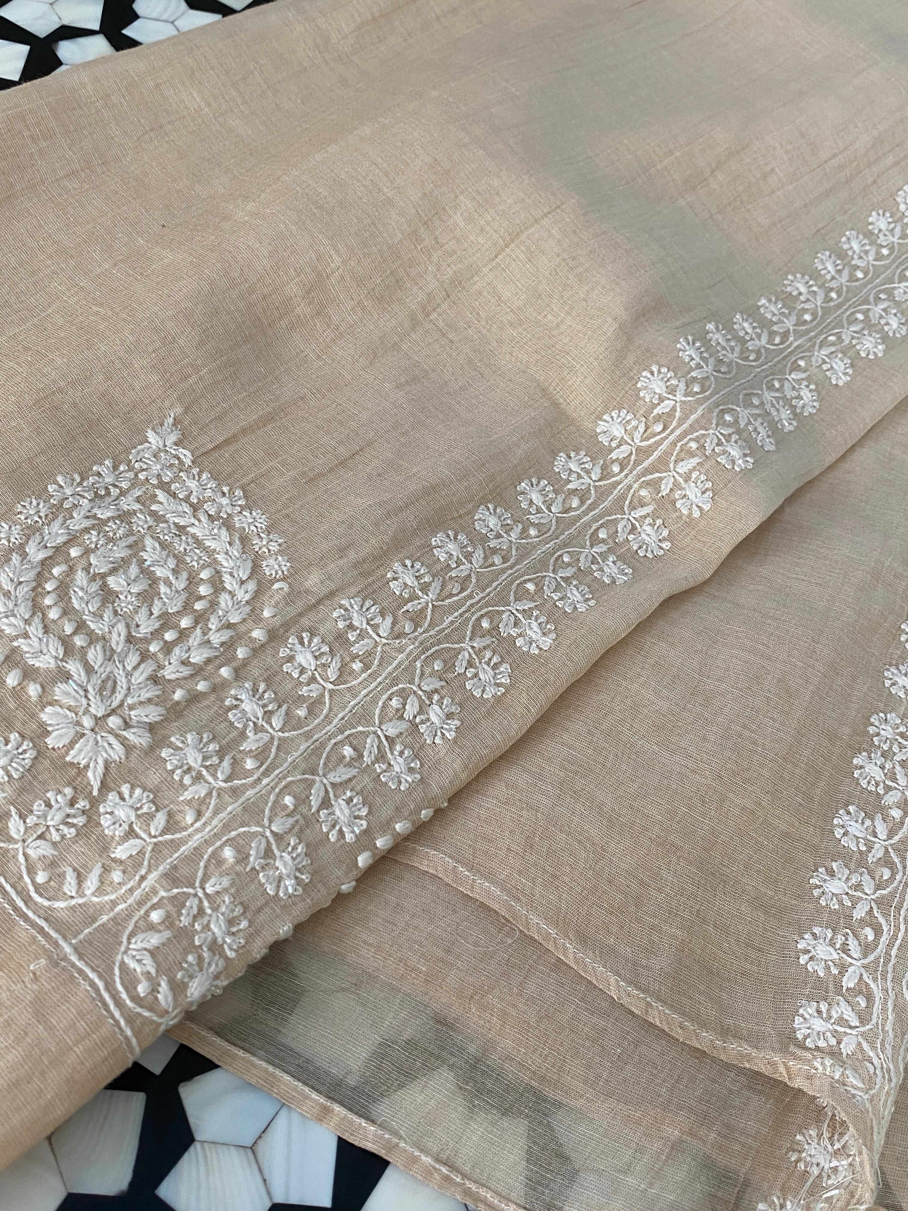 Beige Tissue Chikankari Kalidar Co-ord Set