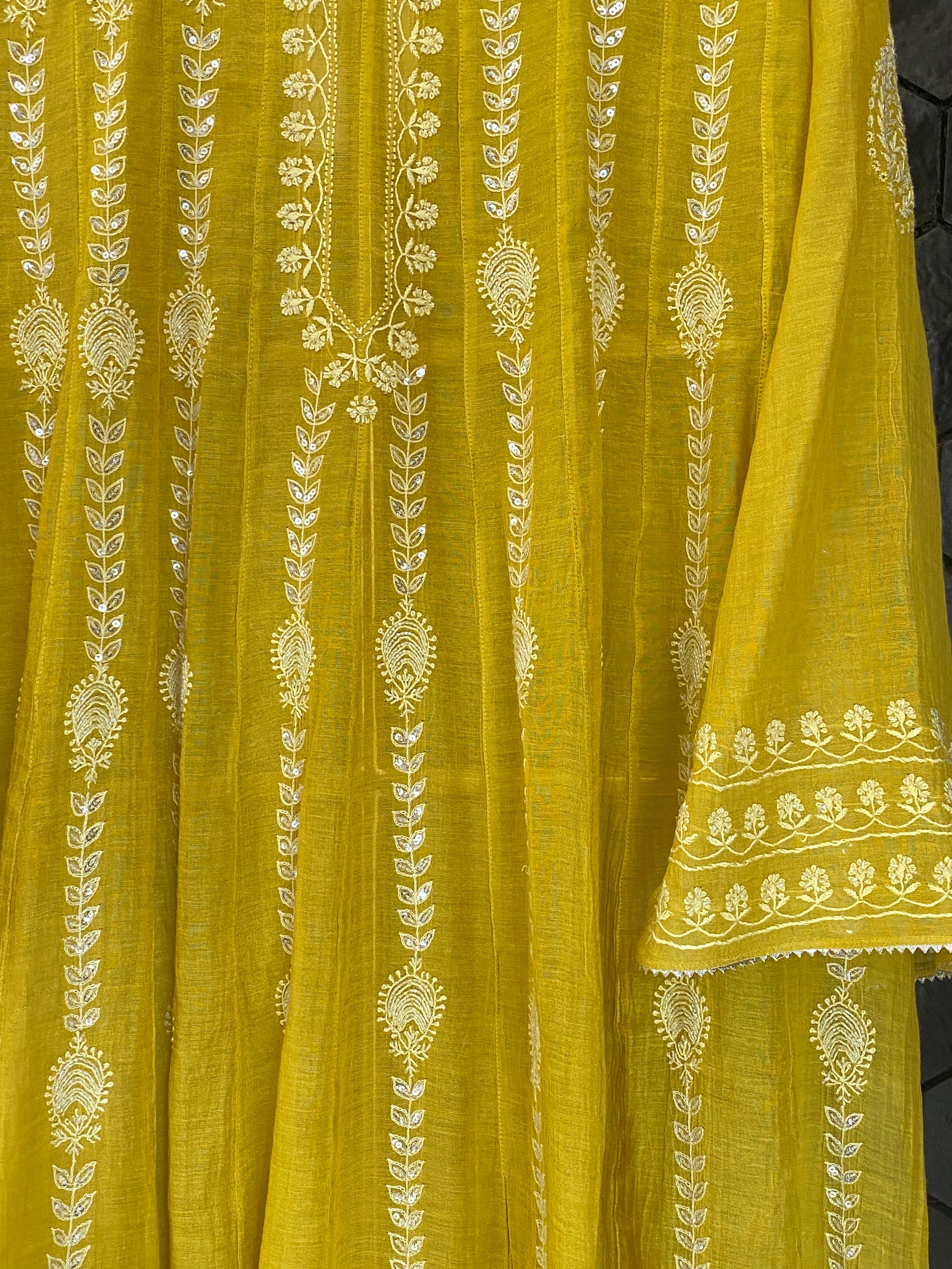 Lime Green Tissue Chikankari Kalidar Co-ord Set