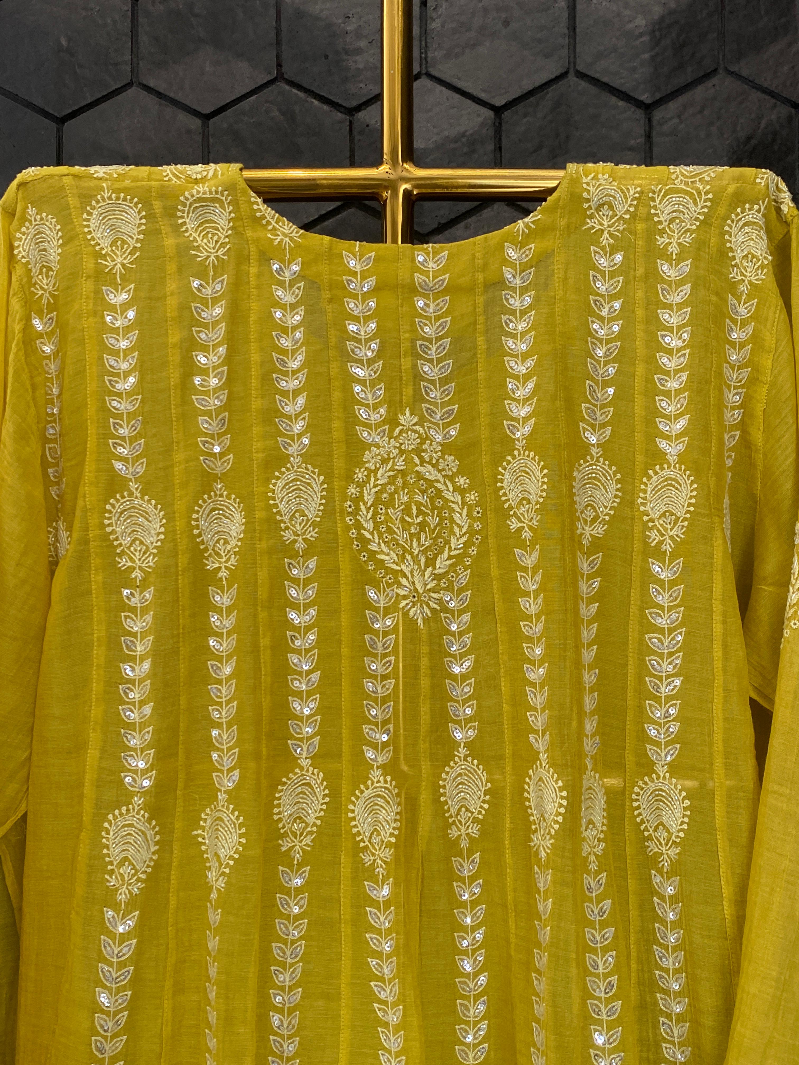 Lime Green Tissue Chikankari Kalidar Co-ord Set