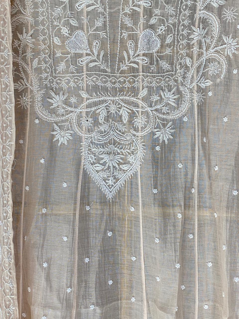Peach Mul Chanderi Chikankari Anarkali Set