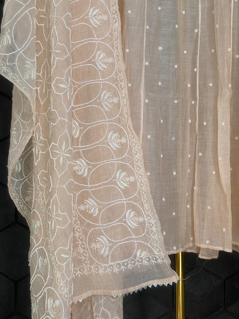 Peach Mul Chanderi Chikankari Anarkali Set