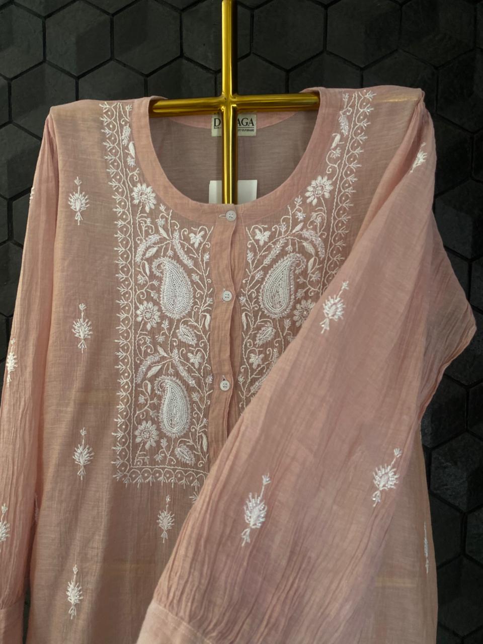 Pink Golden Tissue Chikankari Co-ord Set