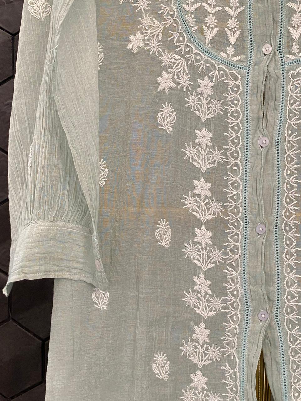 Sea Green Silver Tissue Chikankari Co-ord Set