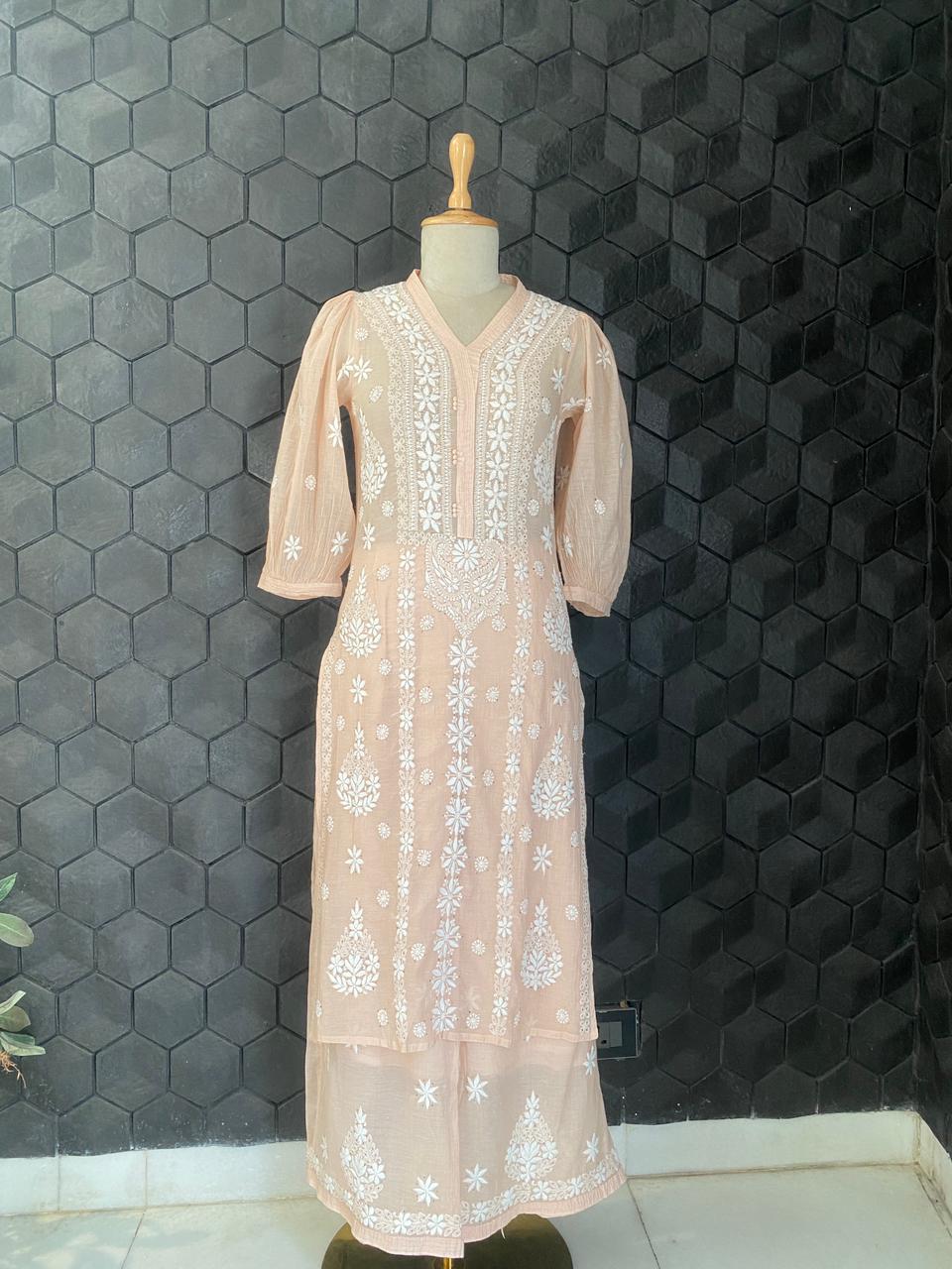 Peach Mul Chanderi Chikankari Co-ord set