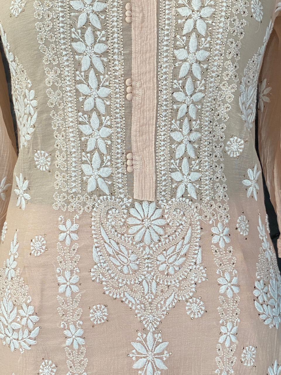 Peach Mul Chanderi Chikankari Co-ord set