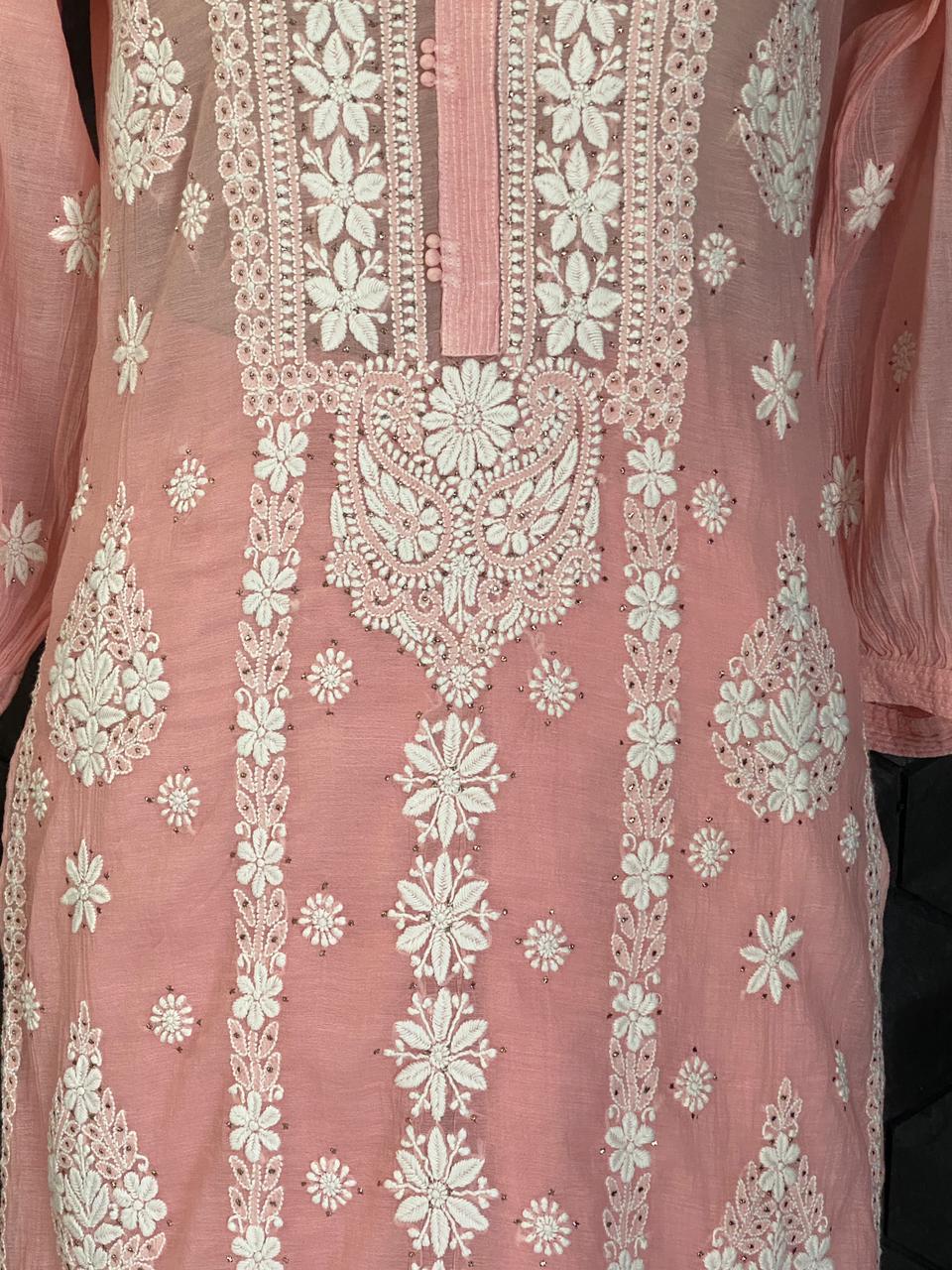 Pink Mul Chanderi Chikankari Co-ord set