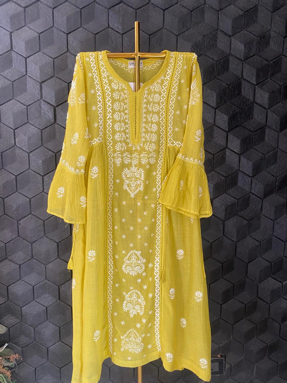 Lime Green Mul Chanderi Chikankari Dress