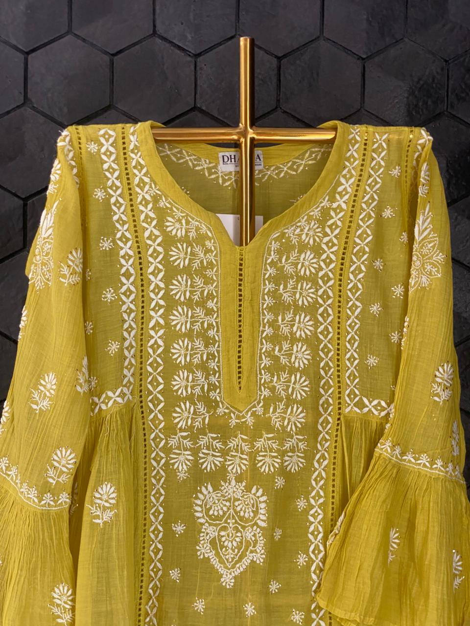 Lime Green Mul Chanderi Chikankari Dress