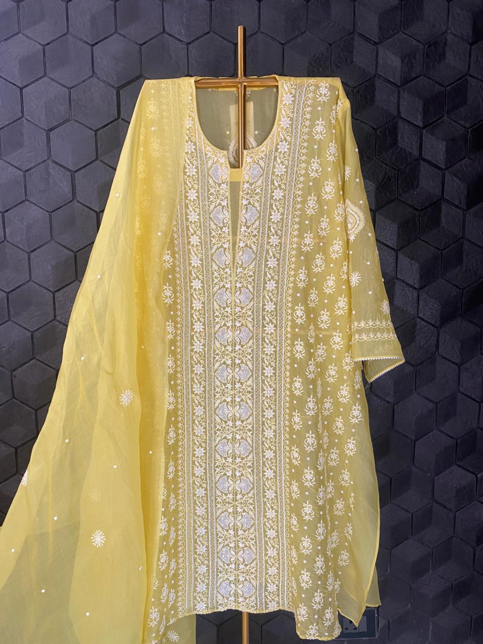 Yellow organza Chikankari Center Panel Kurta Set