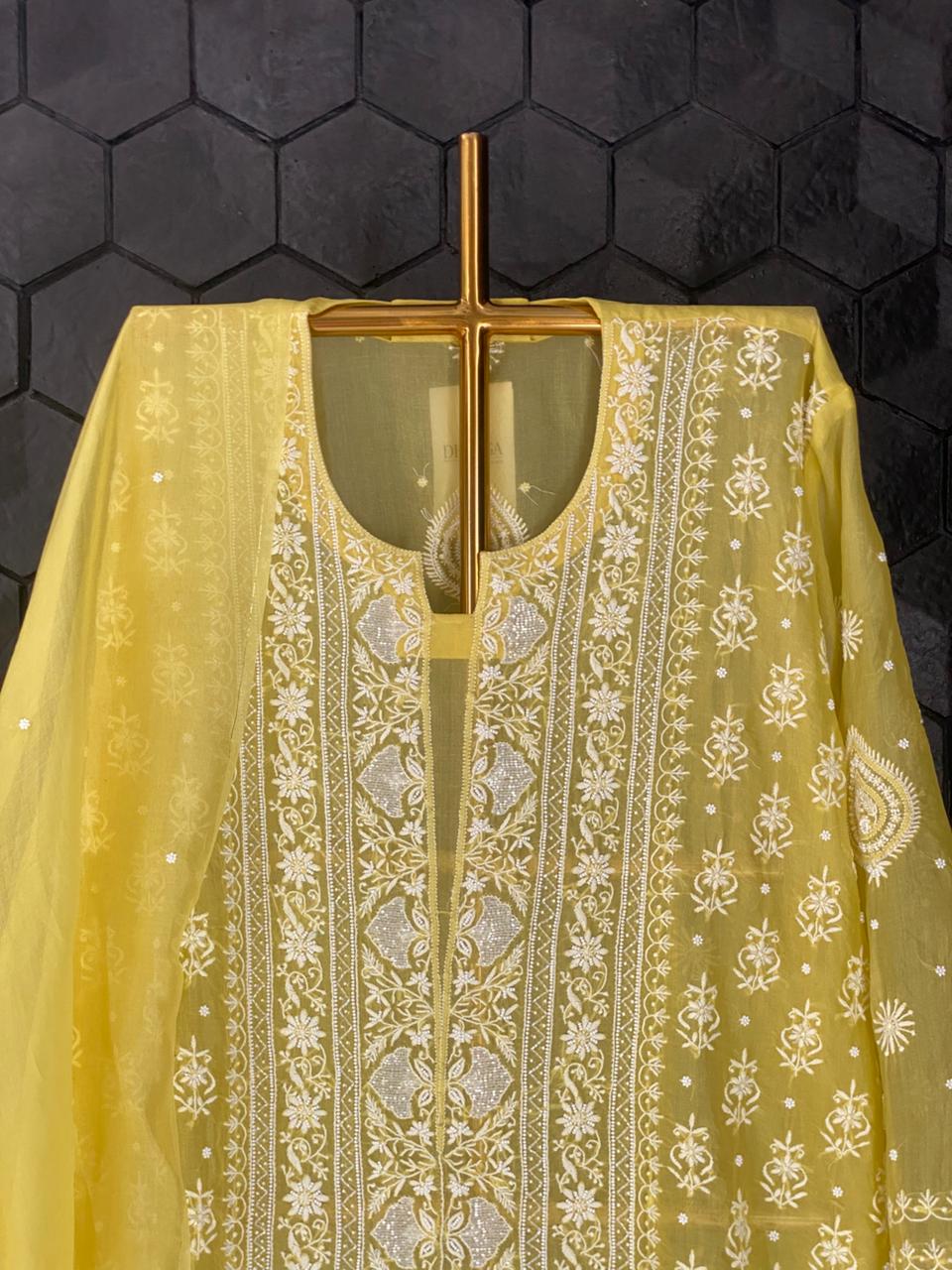 Yellow organza Chikankari Center Panel Kurta Set